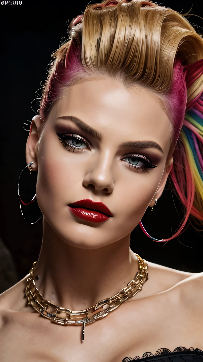 Red Makeup, Red lipstick, Slicked back blonde hair, Detailed face, Detailed lips, Fine grain,Model Girl, Professional:1.6, (最high quality, 4K, 8k, High resolution, masterpiece:1.2),Ultra-detailed, Realist, Punk Style, fashion punk, ((Upper body portrait)), Spiked clothing, Chain Accessories, Rebel pose, Mohawk Alto, Rainbow Hair, flashy, Nervous background, Studio Lighting, Dynamic pose and elegant､masterpiece, 最high quality, high quality, High resolution, (((Upper body portrait)))､ Super big , In a dimly lit cave