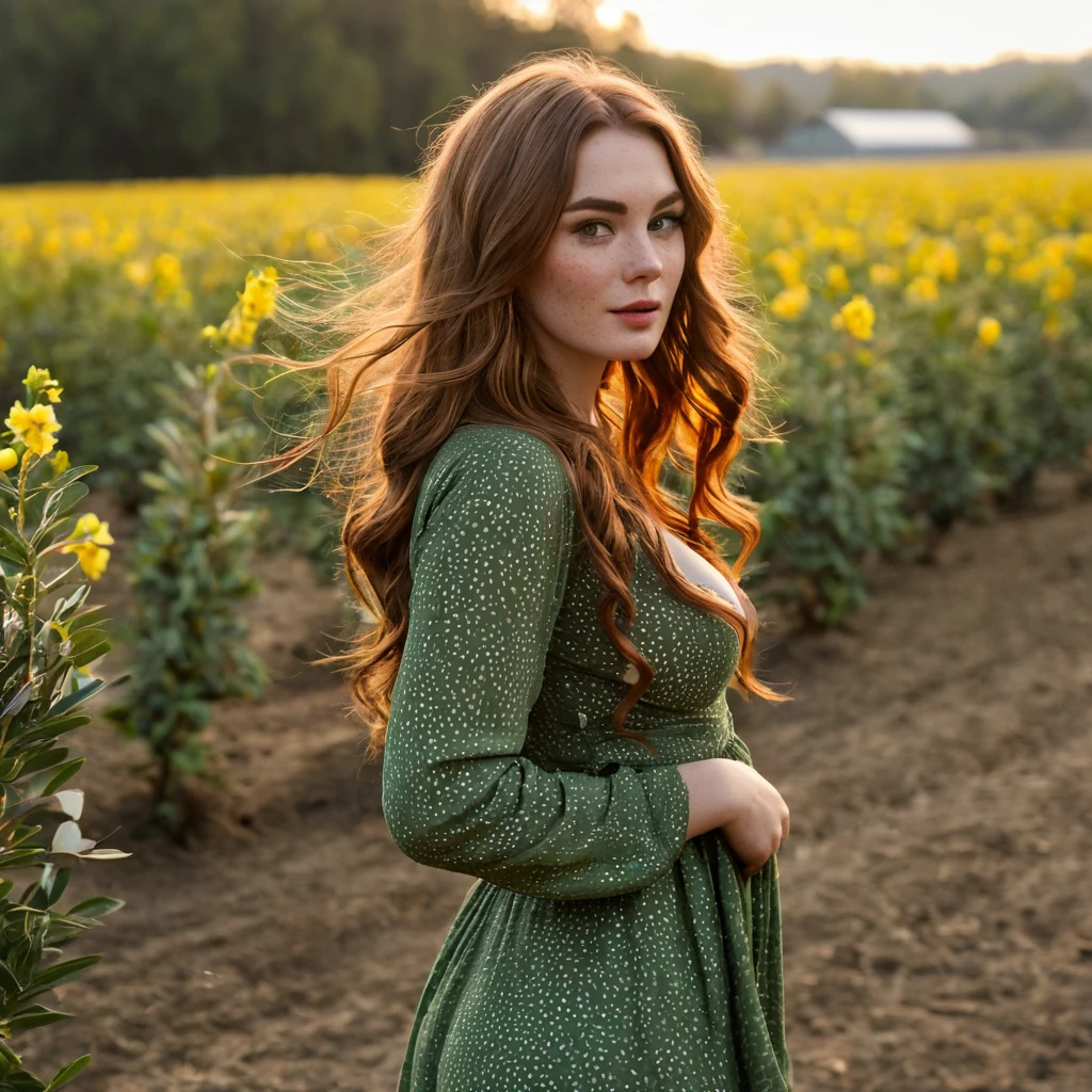 Luma is a elegant person, she is beautiful And have a strong posture, she has breasts that have a voluminous proportion, a pear feminine silhouette, Auburn hair, long Auburn hair, She has expressive eyes, ( Only eyes olive green) Her skin is fair and she has some light freckles on her cheek bones, busty, Farm, Brown rustic clothes, boho clothes, farm boho fashion clothes, romantic vibes, fire lights, fire sparkles, flowers clothes the hair to be half straight and half with curled ends cartoon