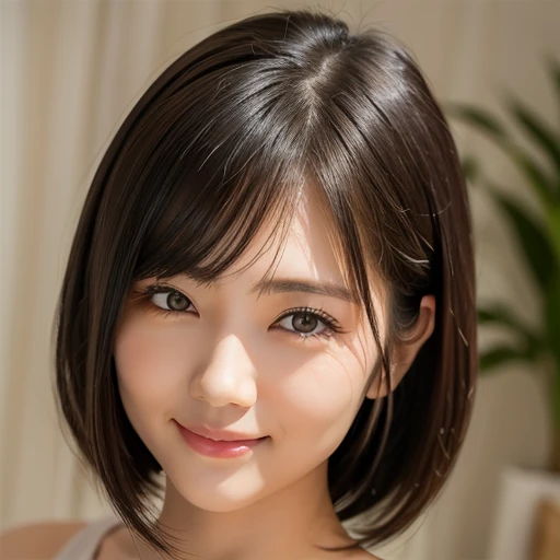 8k、highest quality、Cute face、Very detailed、High resolution、8k、Small breasts、Thin lips、Detailed face、Cute Smile、Cute Japanese Woman、Cute 24 year old beauty、Beautiful and elegant face、Cute Face、Natural Bangs、Arched eyebrows、Shaped eyebrows、(big, Balanced Eyes)、Cute eyes、Beautiful thin nose、Beautiful Skin、Medium Bob Hair、Natural Bangs、Slim face、Slim figure、(happinessそうな表情で正面を見て)、Flat lighting、Bright lighting、Professional Lighting、Forward lighting、A kind smile、Facial Lighting、fun、Happy、happiness、Fair skin、