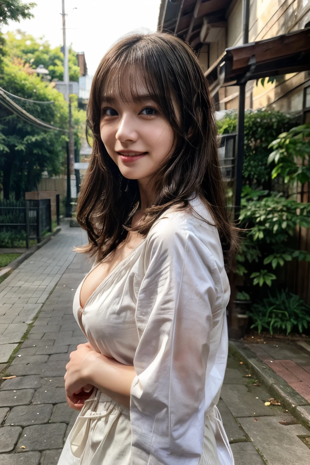 Realistic, High resolution, 1 female, Glowing Skin, alone, Wide lips,Cleavage,Color Contact Lenses,Weight 40kg,round face,Casual Coordination,clothes,Full Body Shot,Realistic skin texture,Genuine,Detailed face,Mr.々A pose,Female college student,Young face,Idol body type,White skin,陶器のようなWhite skin,雪のようにWhite skin,Wavy Hair,18-year-old,Outdoor,What a lovely smile,clothes