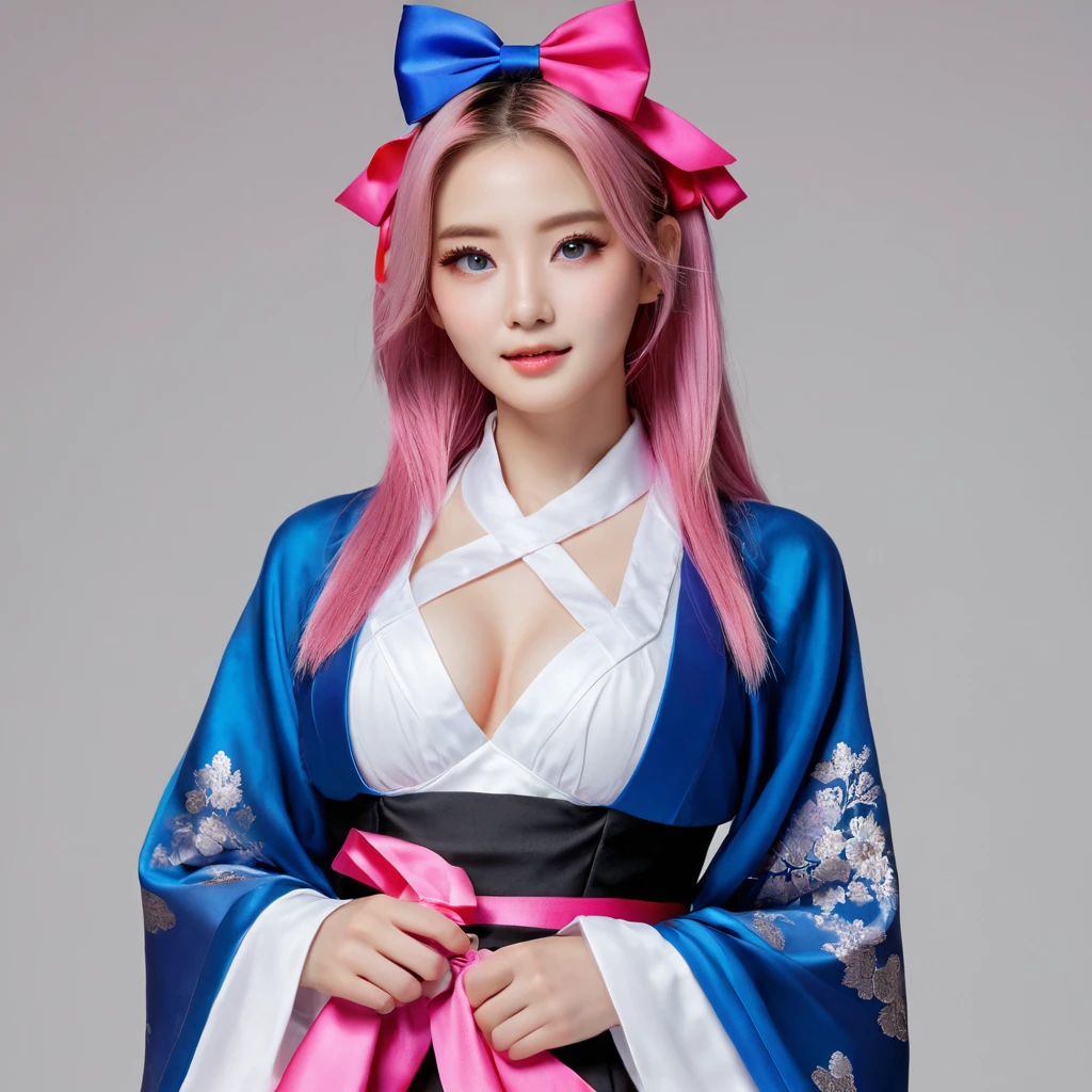 (finely detailed beautiful eyes and detailed face,masterpiece sidelighting,masterpiece,best quality,detailed,high resolution illustration),, (1girl,whole body,bishoujo,lustrous skin,looking down,looking at viewer),, (pink hair,blue eyes,ribbon,hanbok, korean clothes), (clothed_underbust:1.2),underboob,