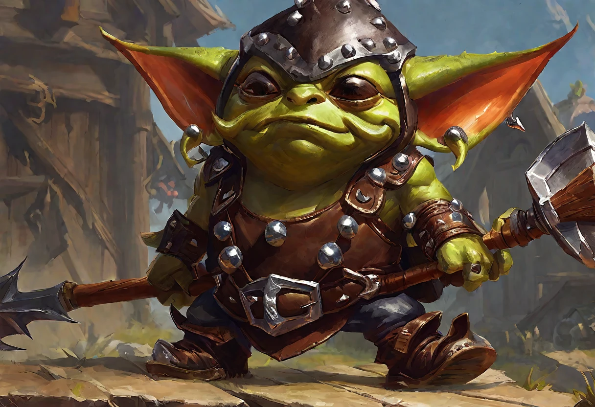 A goblin warrior, slightly bigger and stronger than the lesser goblins he keeps near him, he is clad in studded leather and wielding a pickaxe, he has an oversized helmet made of a beetle's head