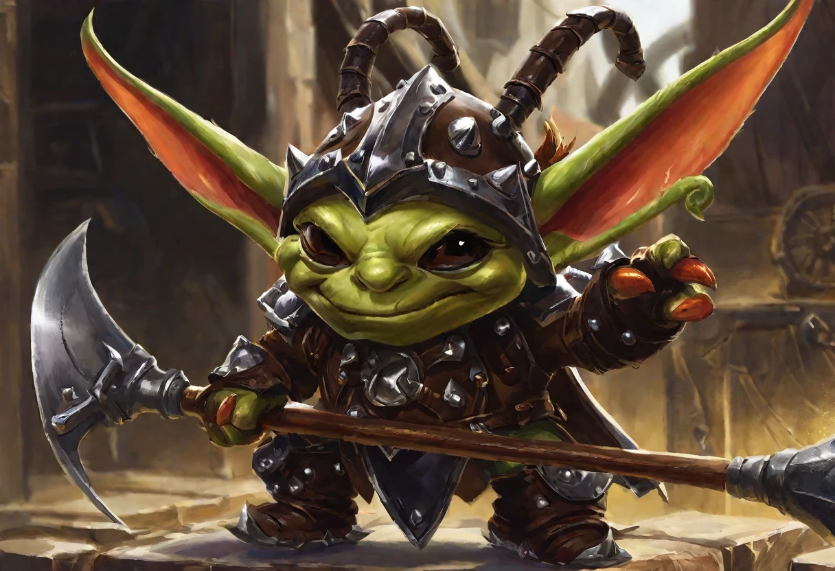A goblin warrior, slightly bigger and stronger than the lesser goblins he keeps near him, he is clad in studded leather and wielding a pickaxe, he has an oversized helmet made of a beetle's head