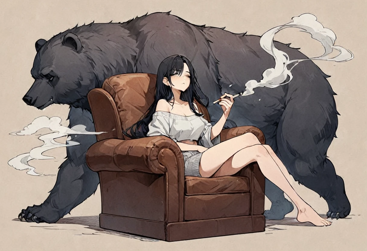 girl, Long black hair, Dark Bear, Sleepy eyes, Cartilage Piercing, high quality, Fair skin, Sitting in a chair, detailed, Smoke a cigarette, Drifting Smoke, Accompanied by the Smoke Beast, Low saturation , An illustration, Fine Lines, fine detailed,whole body