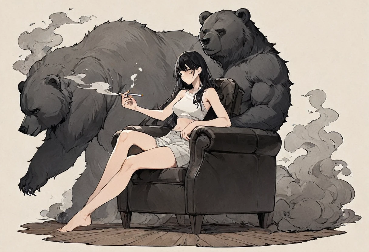 girl, Long black hair, Dark Bear, Sleepy eyes, Cartilage Piercing, high quality, Fair skin, Sitting in a chair, detailed, Smoke a cigarette, Drifting Smoke, Accompanied by the Smoke Beast, Low saturation , An illustration, Fine Lines, fine detailed,whole body