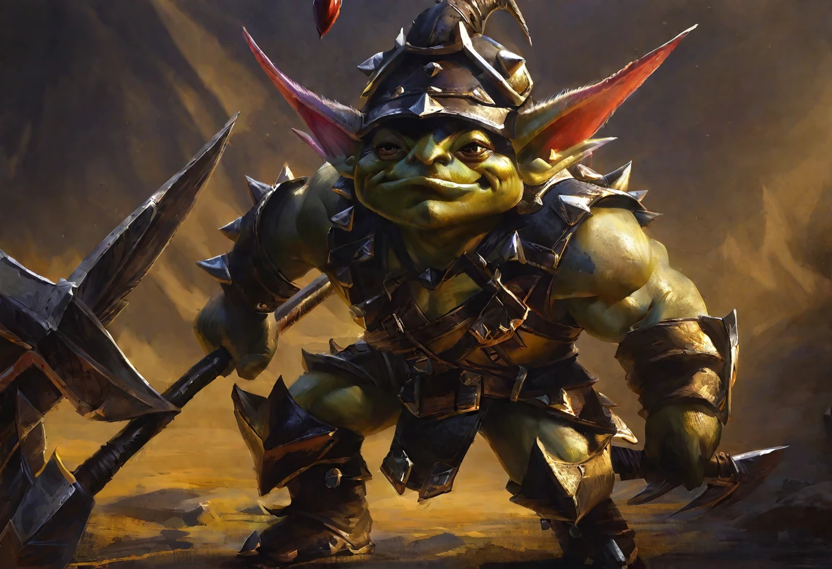 a goblin warrior, medium-sized, heavily muscular, wearing studded leather armor, holding a pickaxe, wearing an oversized helmet made from a beetle's head, highly detailed, hyper-realistic, intricate details, digital painting, muted colors, dramatic lighting, cinematic composition, fantasy art style