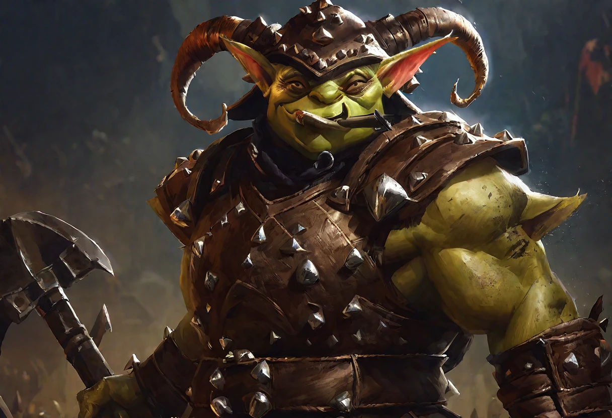 a goblin warrior, medium-sized, heavily muscular, wearing studded leather armor, holding a pickaxe, wearing an oversized helmet made from a beetle's head, highly detailed, hyper-realistic, intricate details, digital painting, muted colors, dramatic lighting, cinematic composition, fantasy art style