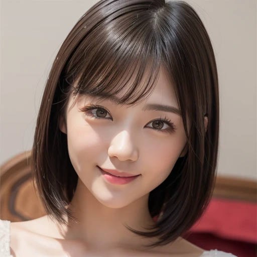 8k、highest quality、Cute face、Very detailed、High resolution、8k、Small breasts、Thin lips、Detailed face、Cute Smile、Cute Japanese Woman、Cute 24 year old beauty、Beautiful and elegant face、Cute Face、Natural Bangs、Arched eyebrows、Shaped eyebrows、(big, Balanced Eyes)、Cute eyes、Beautiful thin nose、Beautiful Skin、Medium Bob Hair、Natural Bangs、Slim face、Slim figure、（happinessそうな表情で正面を見て)、Flat lighting、Bright lighting、Professional Lighting、Forward lighting、A kind smile、Facial Lighting、fun、Happy、happiness、Fair skin、