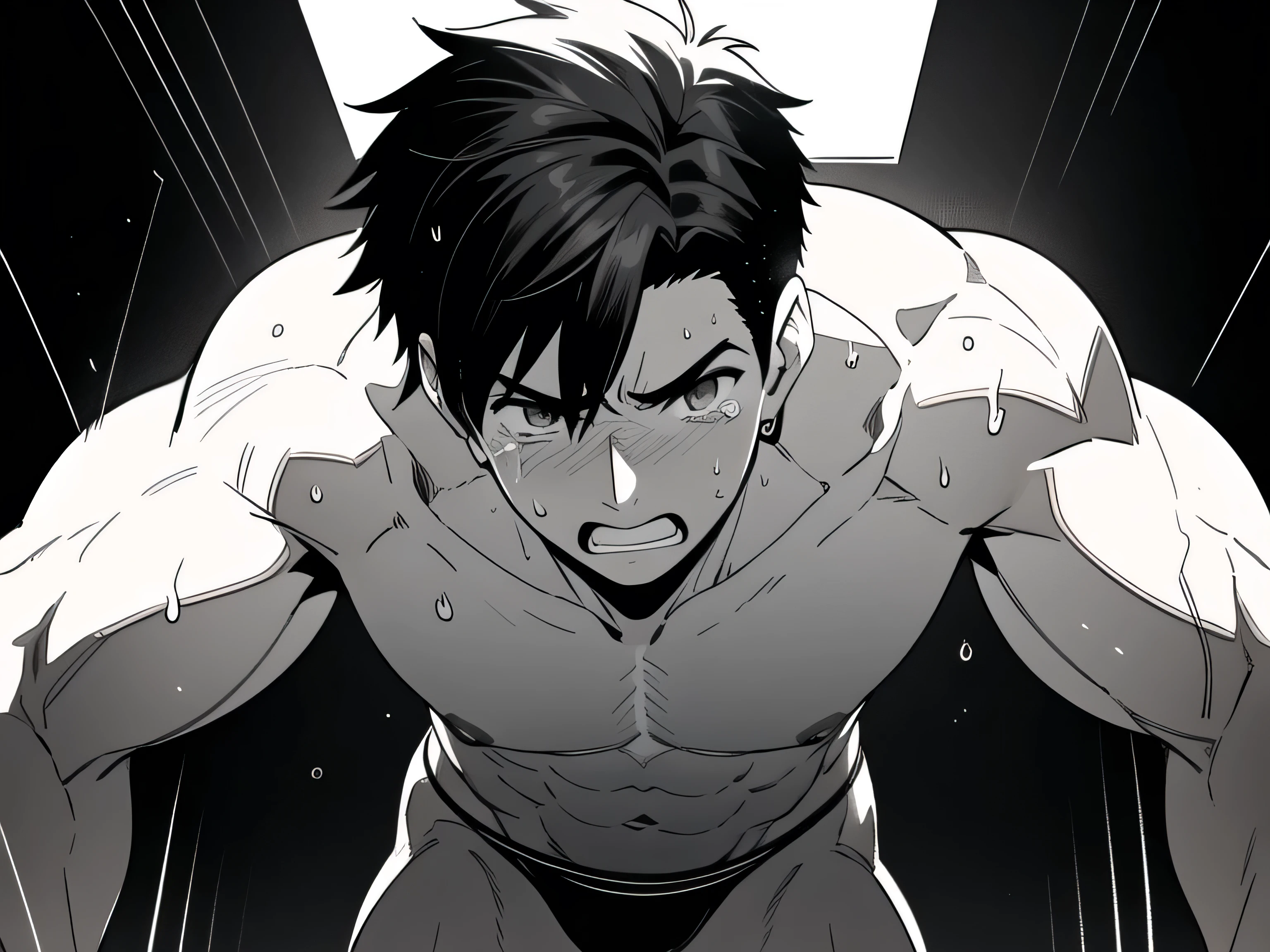 athletic male, imminent sex, arms toward viewer, large pectorals, (sweating), tears, (black thong), dark, square light above, ((black and white line art)), sexy, young, simple abs, black hair, wearing black balaklava