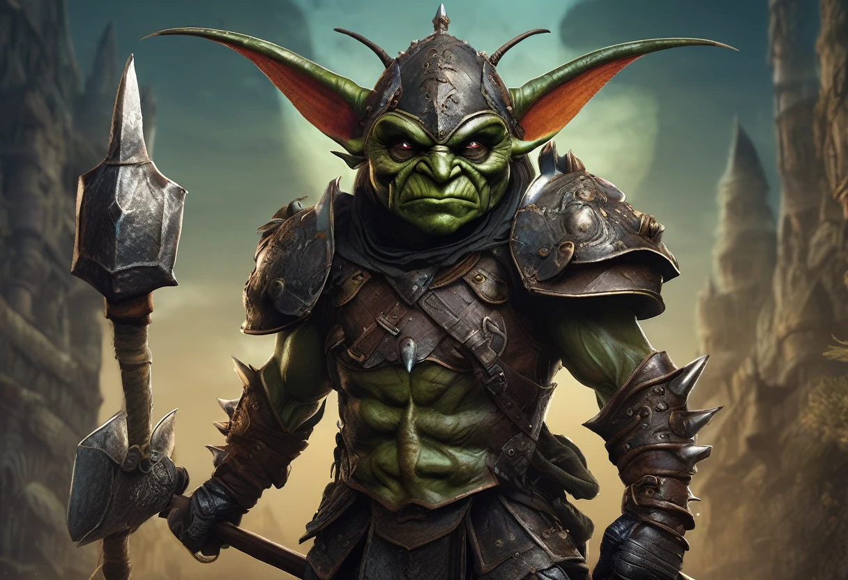 a goblin warrior, medium-sized, heavily muscular, wearing studded leather armor, holding a pickaxe, wearing an oversized helmet made from a beetle's head, highly detailed, hyper-realistic, intricate details, digital painting, muted colors, dramatic lighting, cinematic composition, fantasy art style
