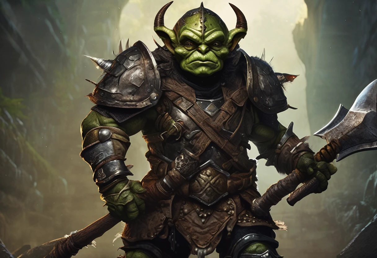a goblin warrior, medium-sized, heavily muscular, wearing studded leather armor, holding a pickaxe, wearing an oversized helmet made from a beetle's head, highly detailed, hyper-realistic, intricate details, digital painting, muted colors, dramatic lighting, cinematic composition, fantasy art style