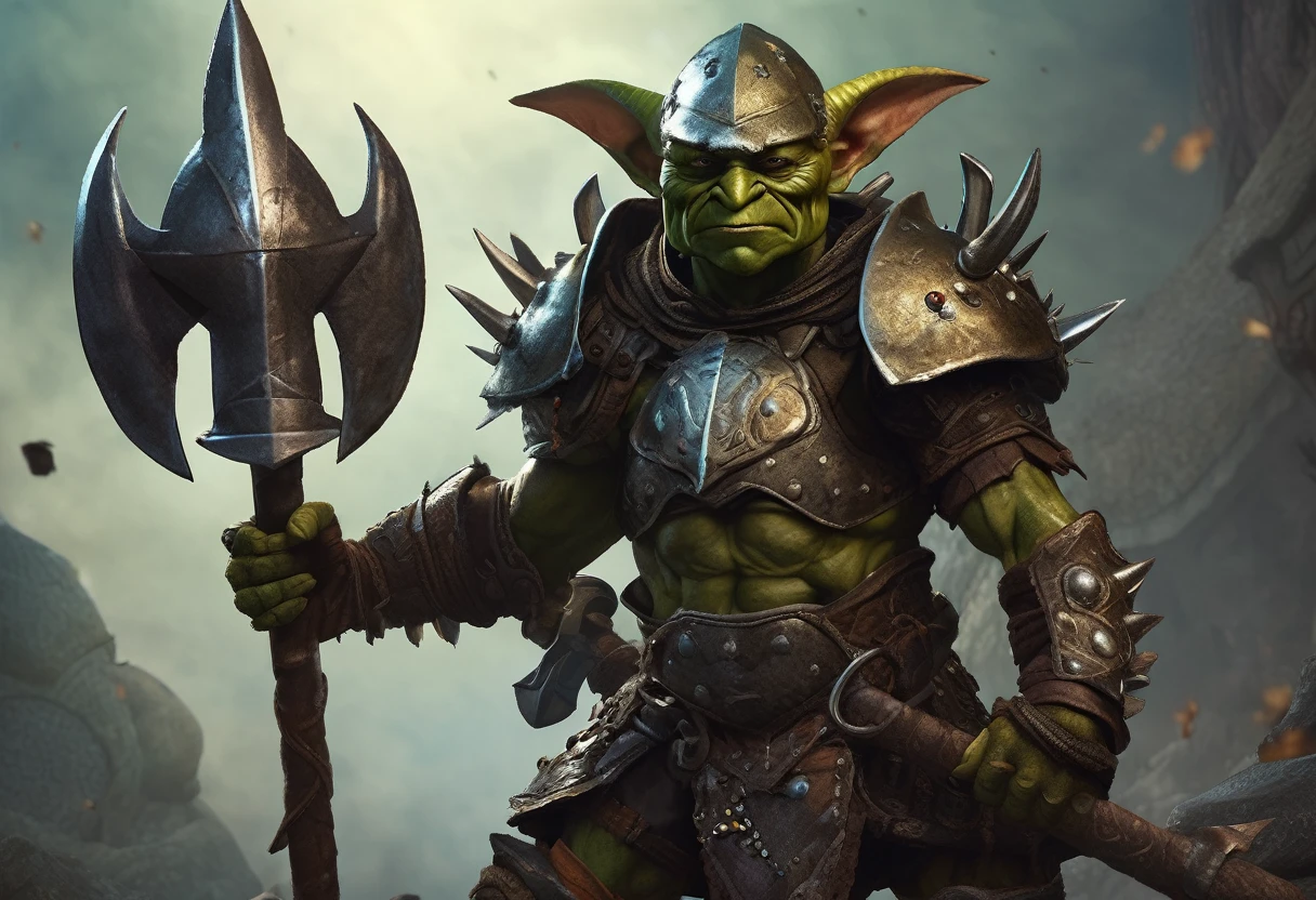 a goblin warrior, medium-sized, heavily muscular, wearing studded leather armor, holding a pickaxe, wearing an oversized helmet made from a beetle's head, highly detailed, hyper-realistic, intricate details, digital painting, muted colors, dramatic lighting, cinematic composition, fantasy art style
