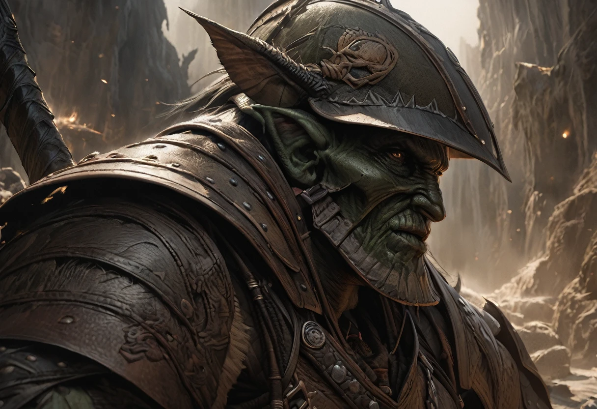 a goblin warrior, medium-sized, heavily muscular, wearing studded leather armor, holding a pickaxe, wearing an oversized helmet made from a beetle's head, highly detailed, hyper-realistic, intricate details, digital painting, muted colors, dramatic lighting, cinematic composition, fantasy art style
