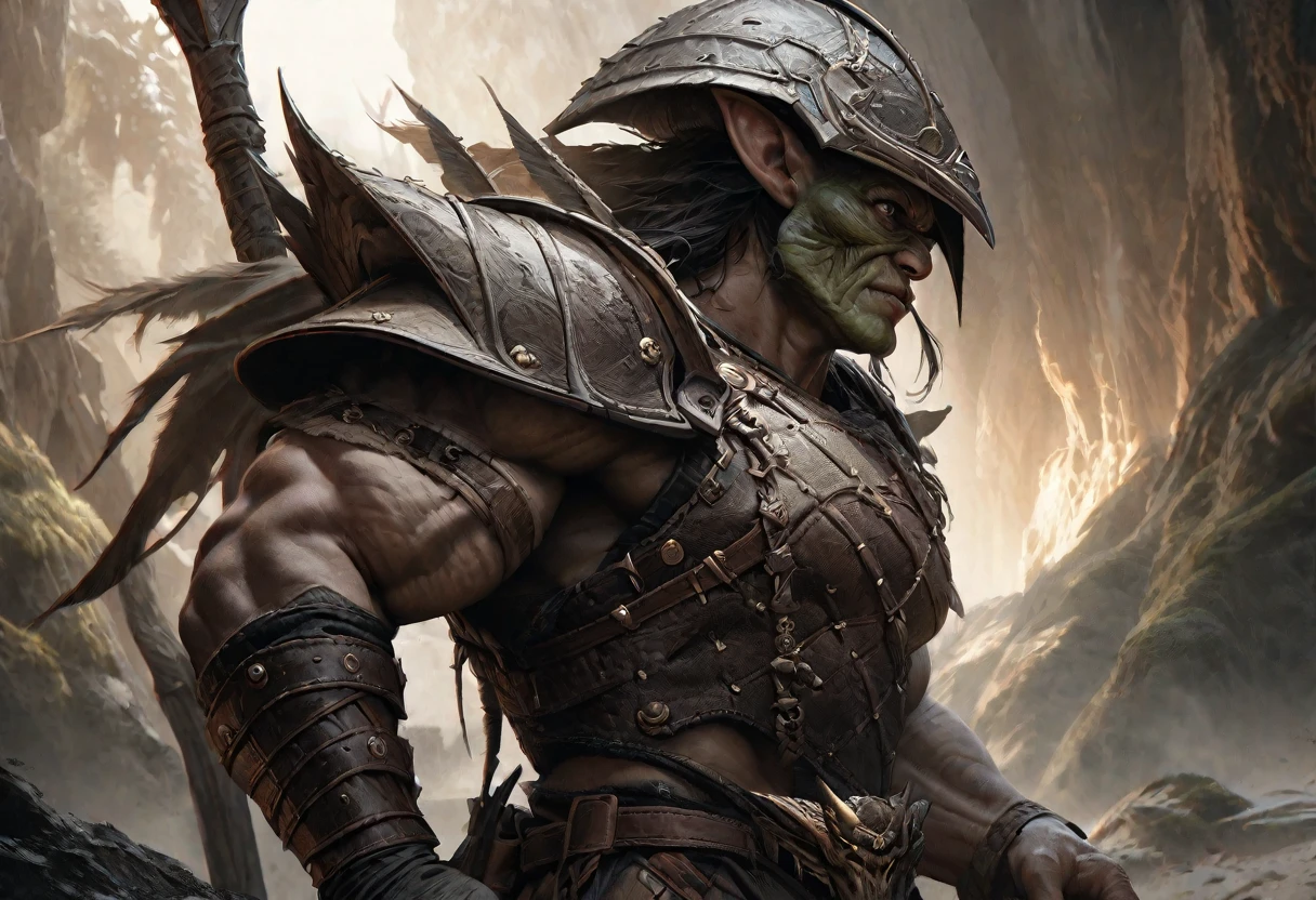 a goblin warrior, medium-sized, heavily muscular, wearing studded leather armor, holding a pickaxe, wearing an oversized helmet made from a beetle's head, highly detailed, hyper-realistic, intricate details, digital painting, muted colors, dramatic lighting, cinematic composition, fantasy art style