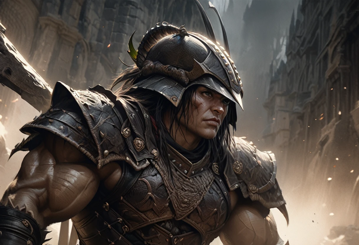 a goblin warrior, medium-sized, heavily muscular, wearing studded leather armor, holding a pickaxe, wearing an oversized helmet made from a beetle's head, highly detailed, hyper-realistic, intricate details, digital painting, muted colors, dramatic lighting, cinematic composition, fantasy art style