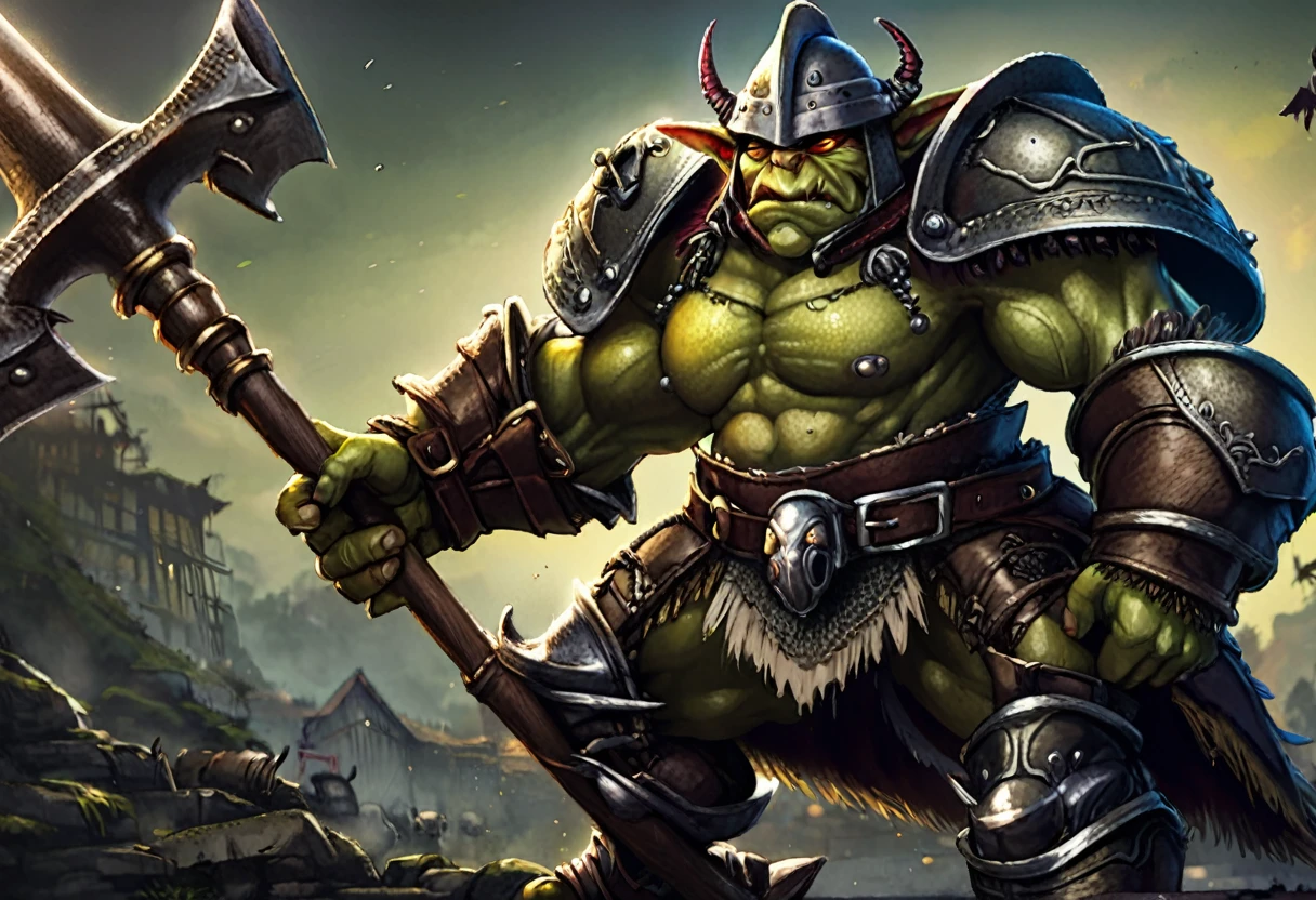 a goblin warrior, medium-sized, heavily muscular, wearing studded leather armor, holding a pickaxe, wearing an oversized helmet made from a beetle's head, highly detailed, hyper-realistic, intricate details, digital painting, muted colors, dramatic lighting, cinematic composition, fantasy art style
