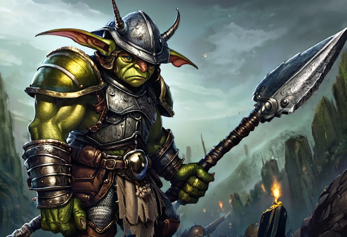 a goblin warrior, medium-sized, heavily muscular, wearing studded leather armor, holding a pickaxe, wearing an oversized helmet made from a beetle's head, highly detailed, hyper-realistic, intricate details, digital painting, muted colors, dramatic lighting, cinematic composition, fantasy art style