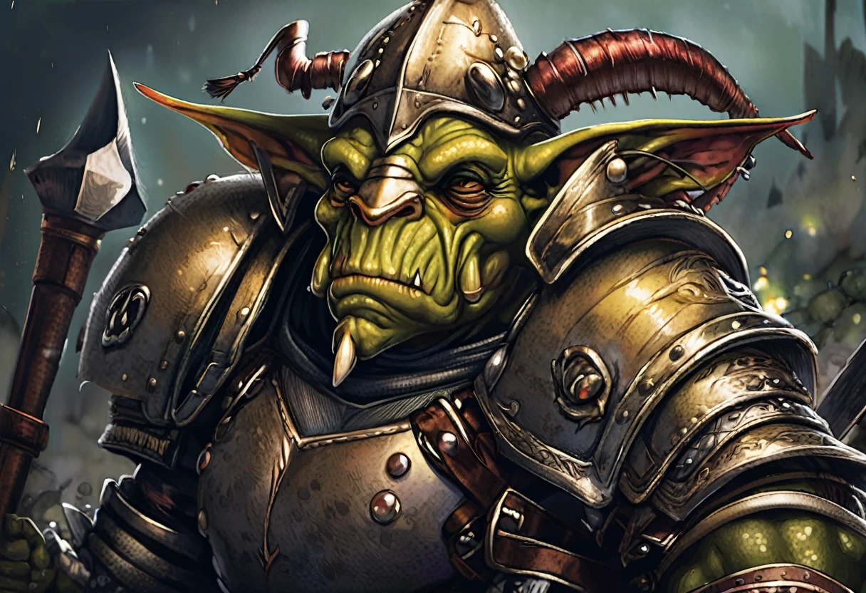 a goblin warrior, medium-sized, heavily muscular, wearing studded leather armor, holding a pickaxe, wearing an oversized helmet made from a beetle's head, highly detailed, hyper-realistic, intricate details, digital painting, muted colors, dramatic lighting, cinematic composition, fantasy art style
