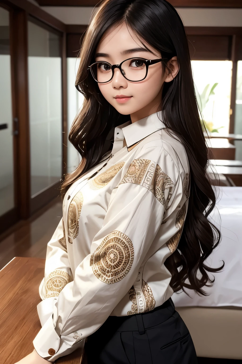 detailed face of photo. 20 year old white skin slim body Indonesian girl with a sweet  face,   round face chubby face and long brown wavy hair, round glasses wearing black long Sleeved formal batik shirt with black long Chino pant 