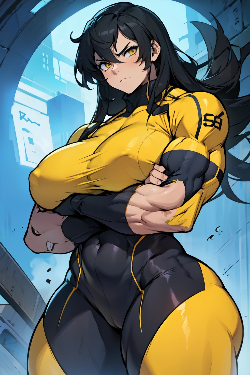 huge muscles huge breasts huge thighs pale skin black hair yellow eyes very long hair muscular girl sad frown expressionless skintight skintight skintight 