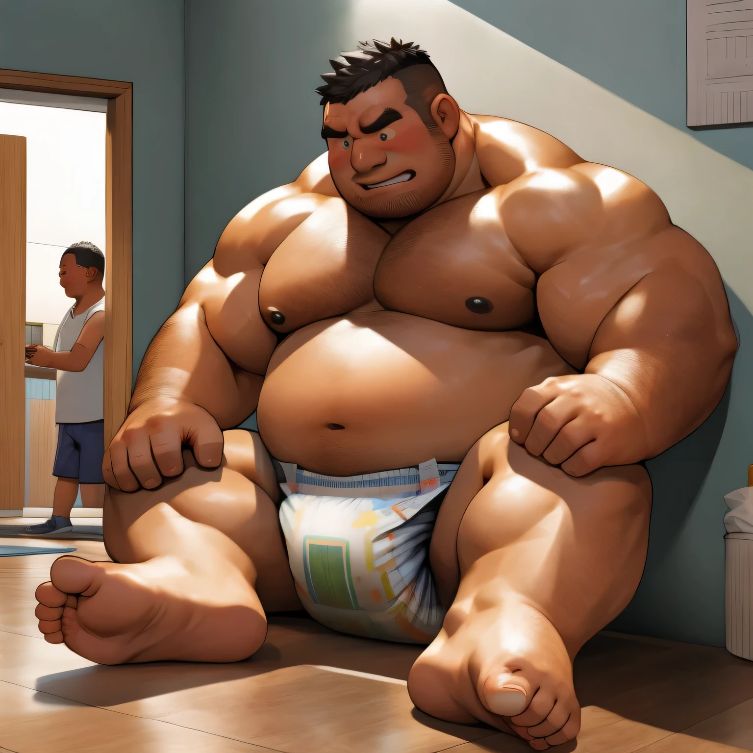 masterpiece, Top quality, in 32K, perfect anatomy, hyper detailed, super fine illustration, The thick man is a brutal prisoner, retarded, hairy, human, 50yo in japan, (fatness: 1.0), Fatty muscle, Bowleg, disappointment, incontinent, be diaper check by children, There is a small puddle under him, Naked, short legs, Bowleg, spread legs, wear a White cloth Diaper, Bare belly, Bare legs, Bare foots, Bare soles, Shirtless, wide forehead and short thinning hair, Man with round  face with stubble, Bare foots, Bare soles, shy, sissy, Weaker than children, Drool, Round face, He enters  and is despised by children, He is made to stand attention in the corner of the playroom, corner time, He surrounded by children, Bare foots, big butt, White Diaper, sobbing, There is a small puddle under him