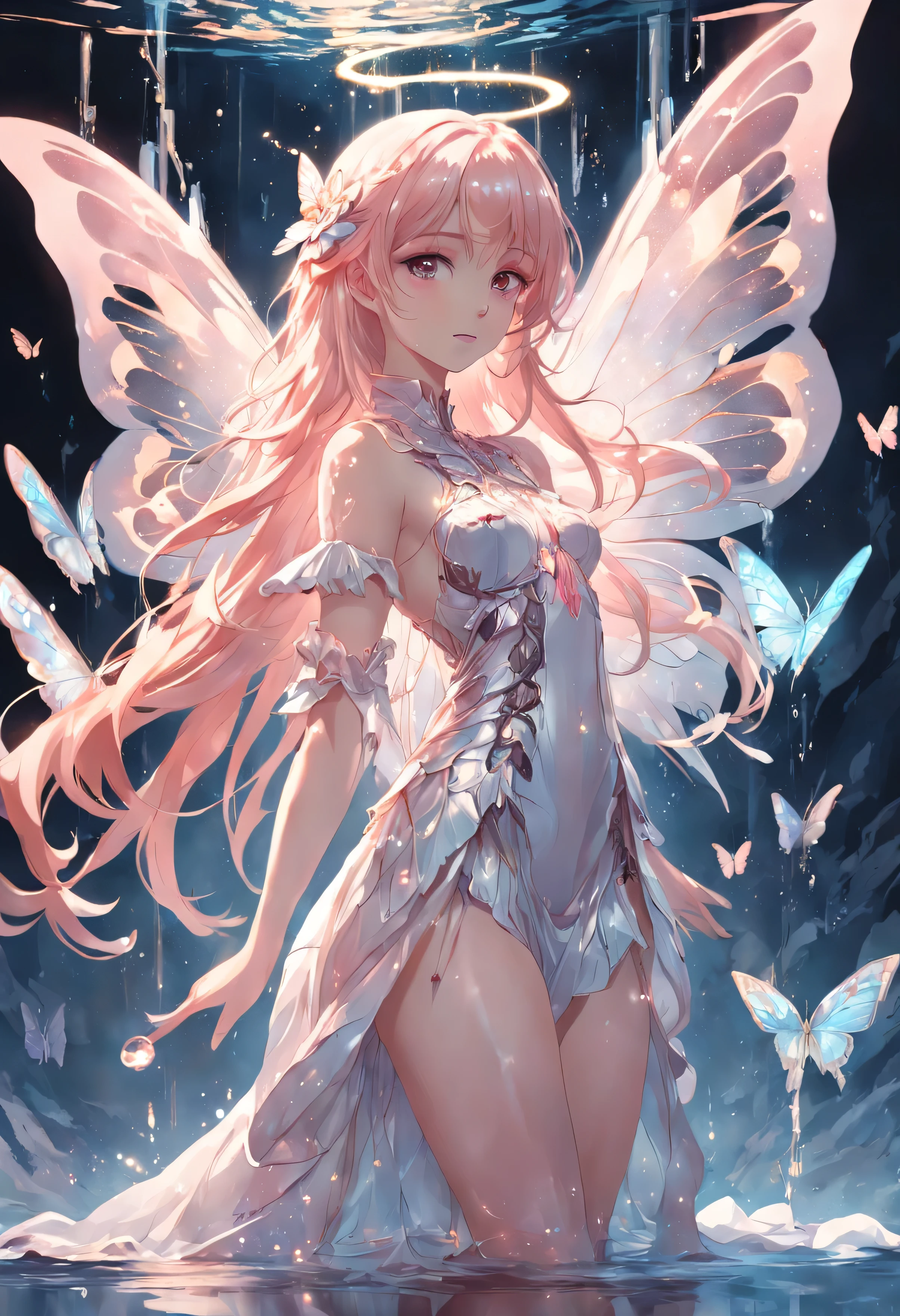 Holy Light Butterfly Angel Girl,Butterfly wings,Chest shooting(mcu),in the style of rococo pastel hues,light white and light red,Incredibly beautiful,SakuraNS,sparkling water reflections,combine,Flowing,hyper realisitc,painting of a,aethereal,Elsa Burda,stockphoto,Elements of mixed reality and fantasy,Ray traching,Intricate patterns,delicate linework,Pressed crystals,Exquisite hands