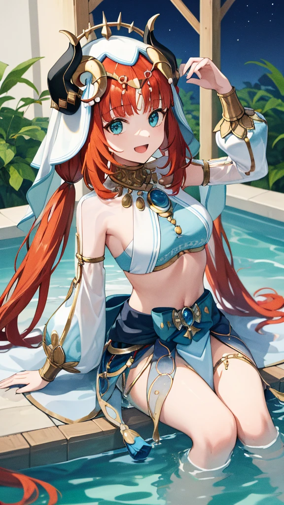 masterpiece, best quality, absurdres, nilou (neither flower nor mist) (genshin impact), aqua eyes, nilou (genshin impact), fake horns, 1 girl, solo, red hair, veil, smile, long hair, crop top, jewelry, horns, night, bracer, brooch, long sleeves, puffy long sleeves, looking at viewer, skirt, bangs, twintails, water, puffy sleeves, sky, neck ring, open mouth, :d, flower, harem outfit, gold trim, parted bangs, arm up, breasts, circlet, outdoors, blue skirt, hair ornament, detached sleeves, low twintails, floating hair, gem, hair flower, blue gemstone, masterpiece, highres, best quality, 1 girl solo, nilou, sitting, from above, looking at viewer, light smile, wading, wet hair, night, poolside