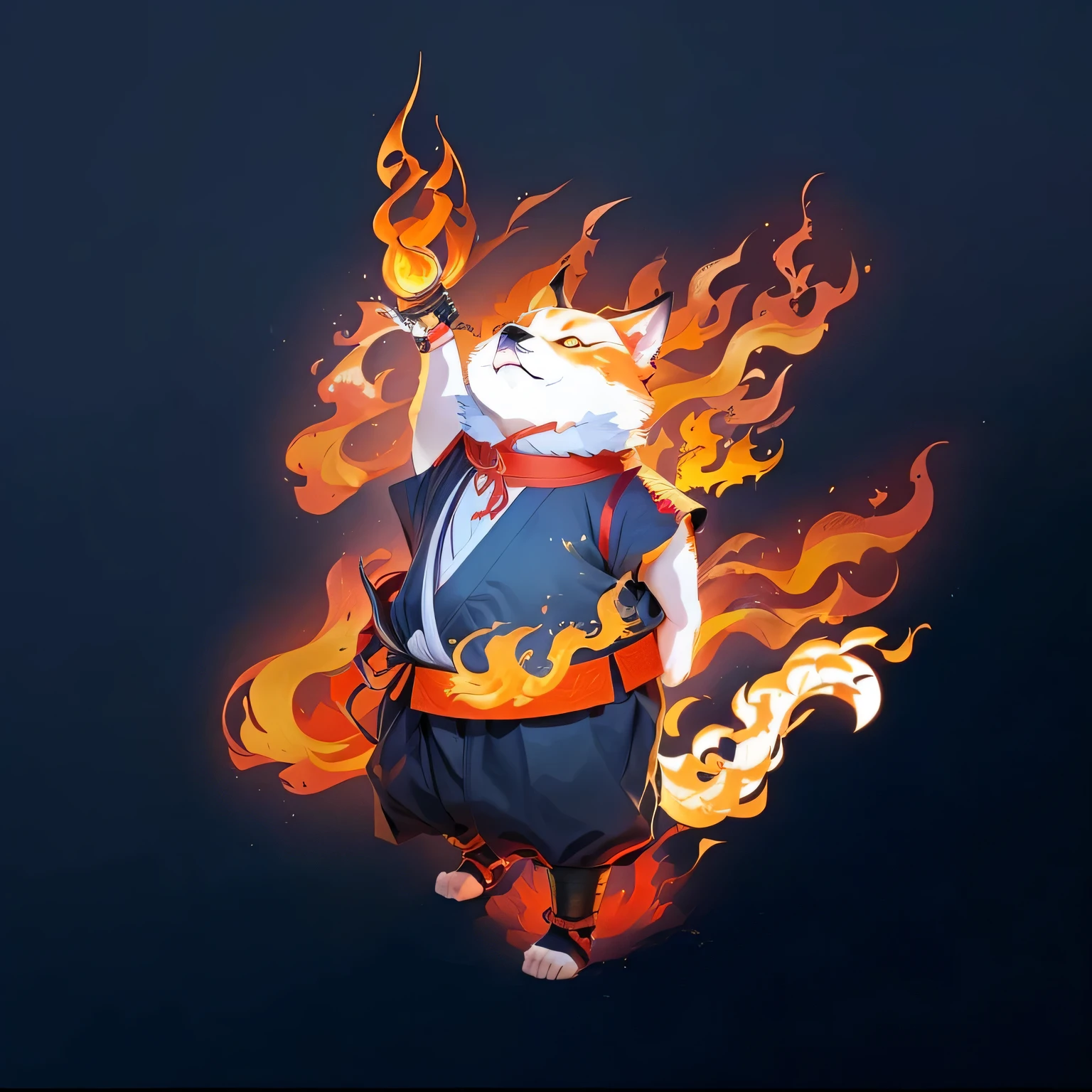 fire!! whole body, fiery hell, Samurai dog, Anthropomorphic Shiba Inu, Inspired by Miao Fu, Anime Dog, Inspired by Gatōken Shunshi, Tabaxi monk, Inspired by Zhou Wentianchong, ghost of the fire spirit