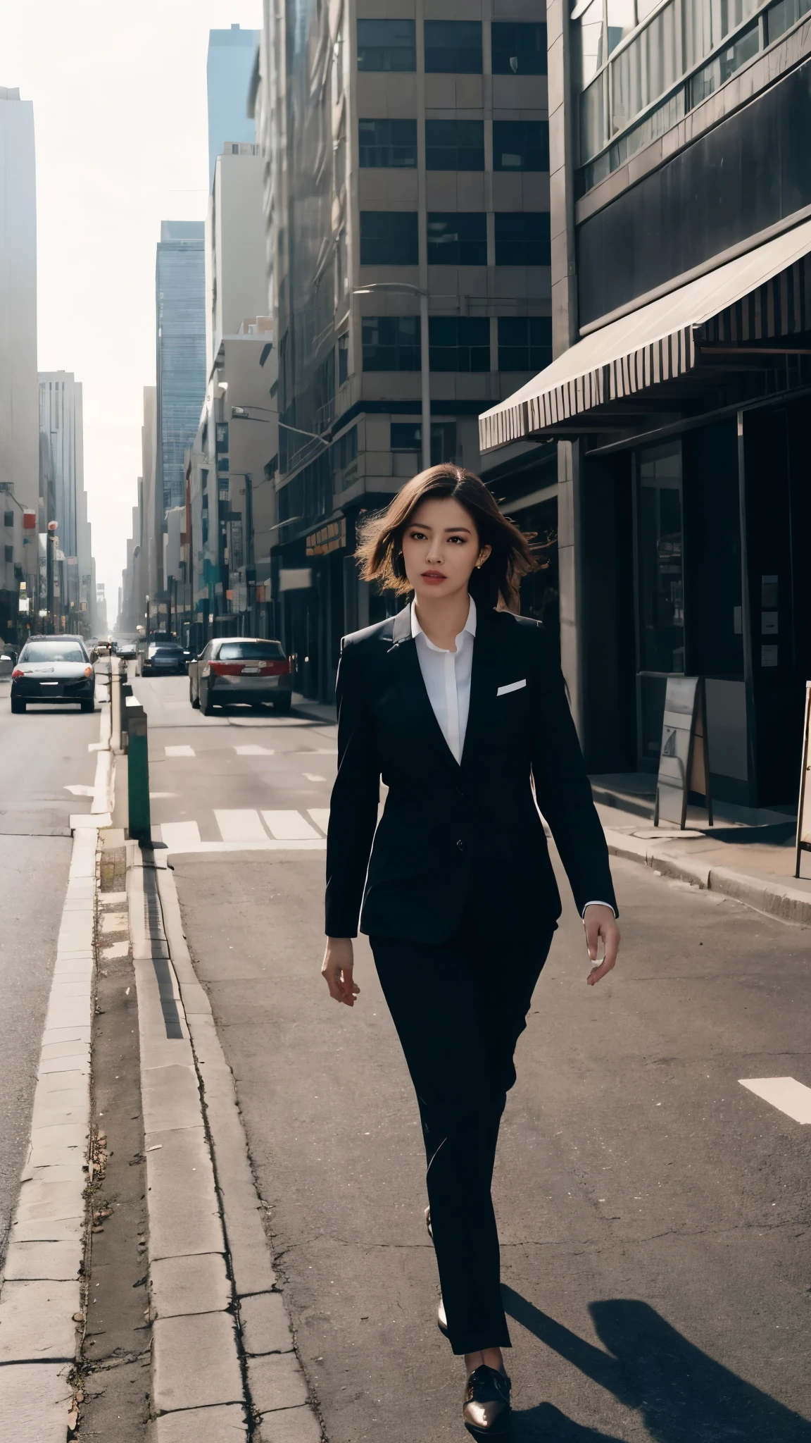 Woman in a suit walking down a city street in the sun - SeaArt AI