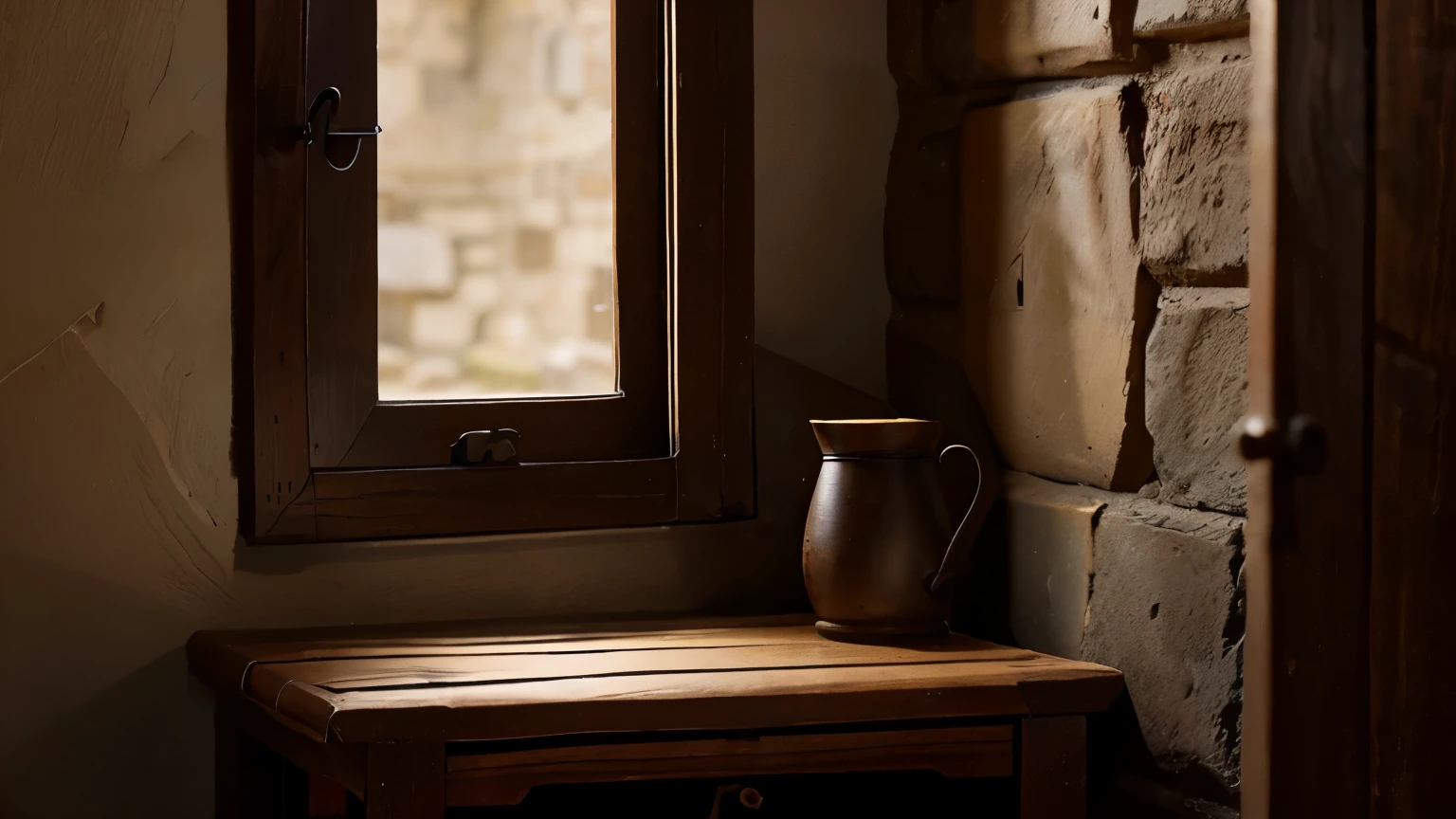 No person, 10th century french, 1 small window, wood window frame, medieval interior, medieval era, rook wall, brown color and small  side table