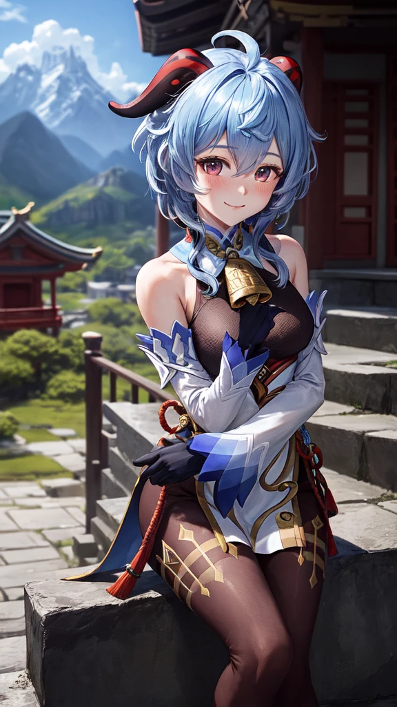 (photorealistic:1.4), (masterpiece, sidelighting, finely detailed beautiful eyes: 1.2), masterpiece*portrait, realistic, 3d face, ganyu \(genshin impact\), 1girl, ahoge, architecture, By bangs,Bare shoulders,Bell,black glove,Black tights,(blue hair),Blushlush,Beautiful breasts,Chinese knot,the sleeve,flower knot,mitts,cow horn,long whitr hair,Look into the camera,Bigchest,Neckbells
