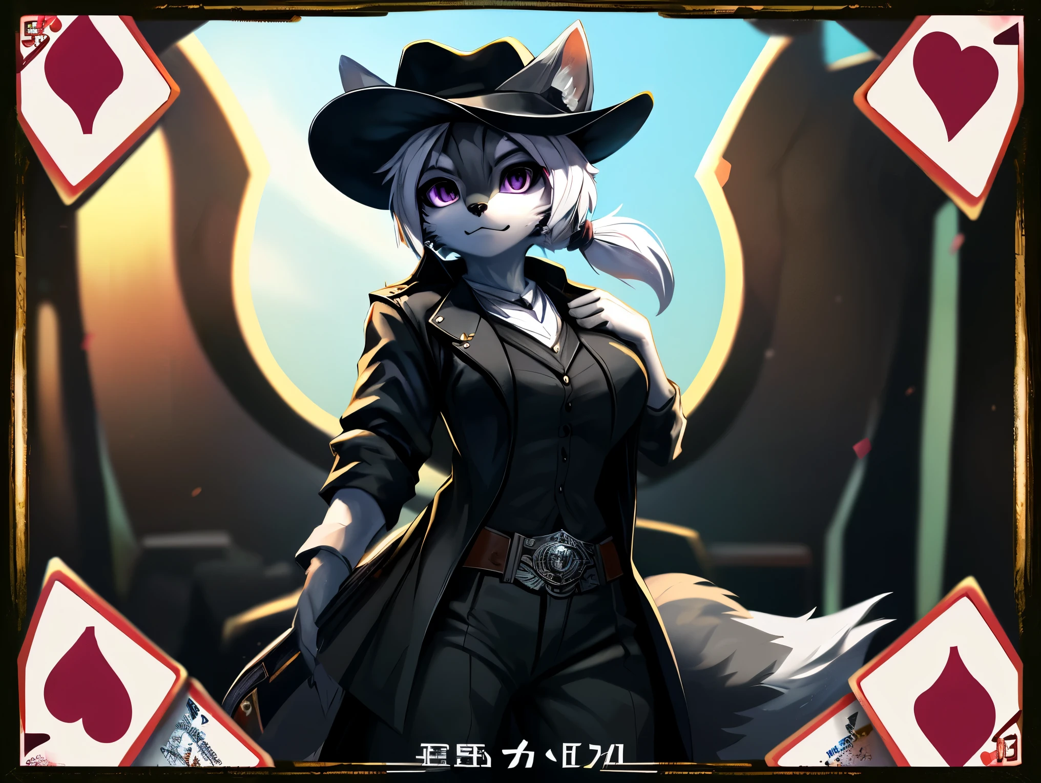 fox, female, solo, white hair, ponytail, ((grey fur)), (purple eyes), breast, ((black gambler clothes)), black coat, (((large cowboy hat))), (((black cowboy hat))), purple handkerchief, card background, card frame, nameplate, Very good figure, best quality, highres, 16k, Natural soft light, Tyndall effect, Advanced film lighting, Unreal Engine5, Extremely realistic, A high resolution, perfect masterpiece, high quality, high resolution