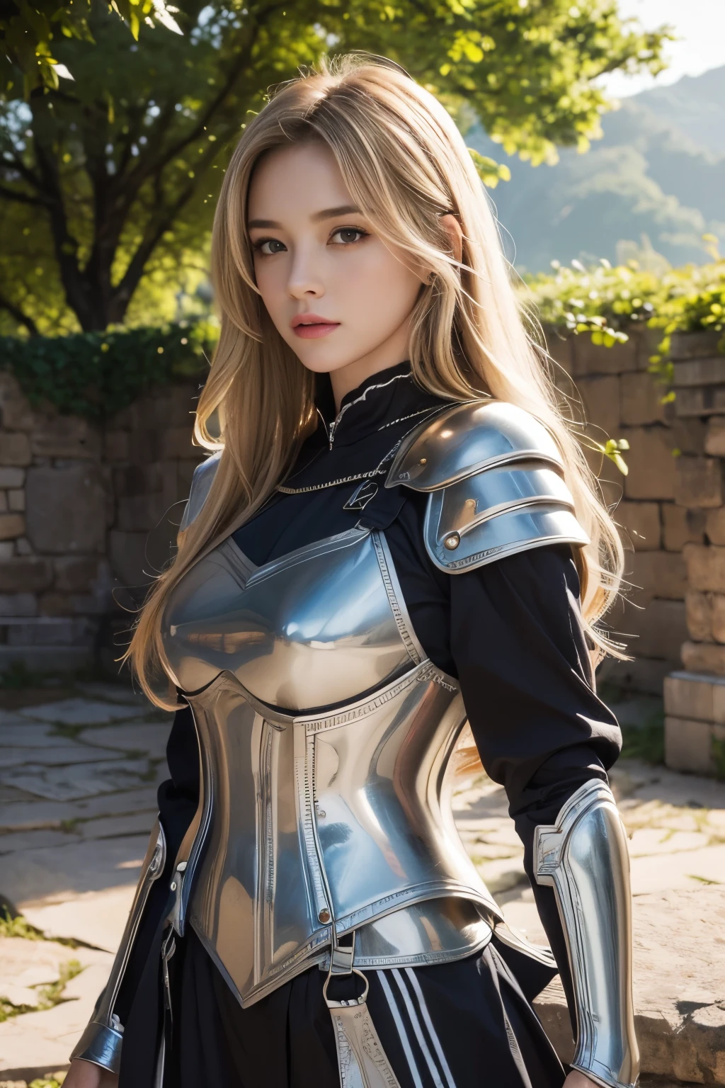 realistic lighting, top quality, 8K resolution, (masterpiece: 1.3), (clear focus: 1.2), 1 girl, delicate face, large double eyelids, sensuous expression, long blonde hair, knight, Armor, Long knives, Magic, Out, (date: 1.1), 1080p, hyper hd, group, very detailed, best quality, high detail, best quality, (cowboy_shot) , medieval castle background,