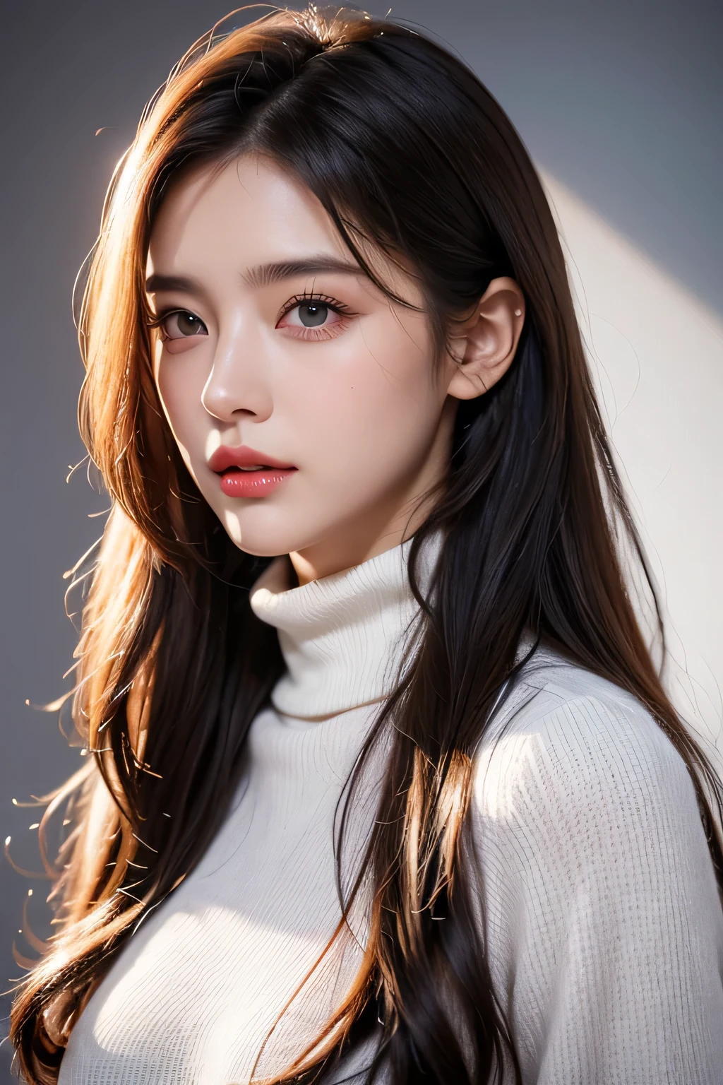 High-quality work,Realistic works,Super premium graphics,8K HD CG works,high quality graphics,High-definition and exquisite CG works,10x pixels,Ultra-fine details:1.1,Advanced technical details:1.1Realistic photo effects,Interior lighting effects:1.5,natural soft light:1.5. Light effect(Virtual light effects:1.8),Ultra-high resolution,shining dress,sliver long hair,silber hair,transparenthair,high detailed hair(Quality hair details:1.1)Clear eyes,Double eyelids look good,Sharp eye makeup, Create exquisite eyelash makeup, tthin eyebrows, Ultra-detailed eyes,a tall nose, lovely red lips, rosey cheeks, With delicate makeup on her face , pretty face, The face shape is perfectly proportioned,(Advanced facial details:1.1)1girl,solo,realistic,looking at viewer,brown hair,turtleneck,simple background,lips,sweater,portrait,closed mouth,turtleneck sweater,coat,white background,,Women's artwork,Dress full body video,Reality,Amazing Cleavage,My eyes are very bright today