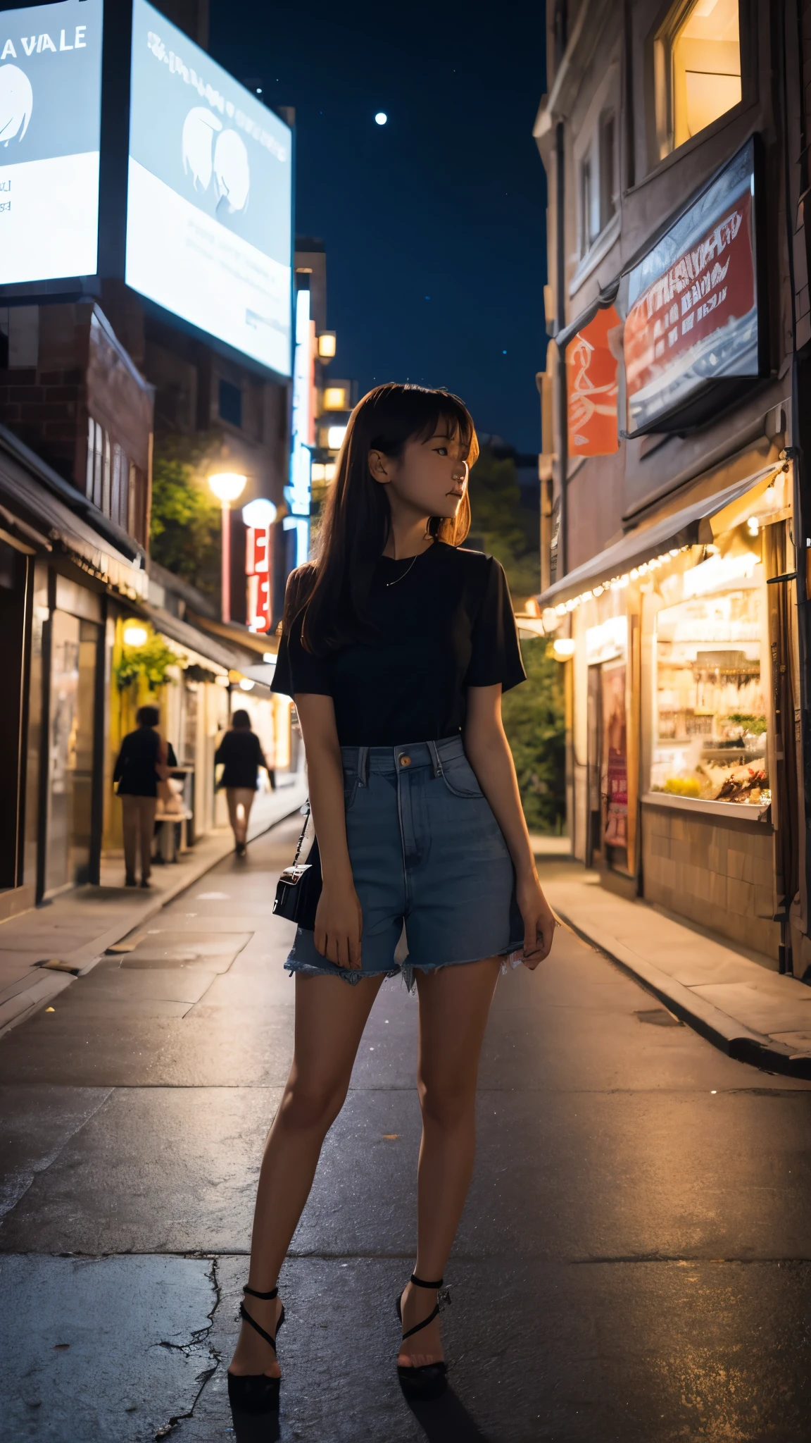 Night Sky, city, One girl, Are standing, alone, whole body, , Maribe, Puff short sleeves, Cape, bag
