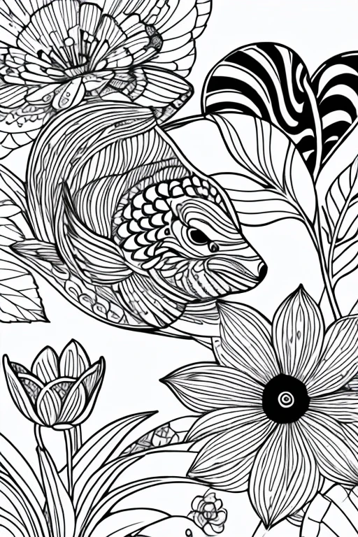 Coloring book、Black and White、Bold line、animal、flower、An illustration