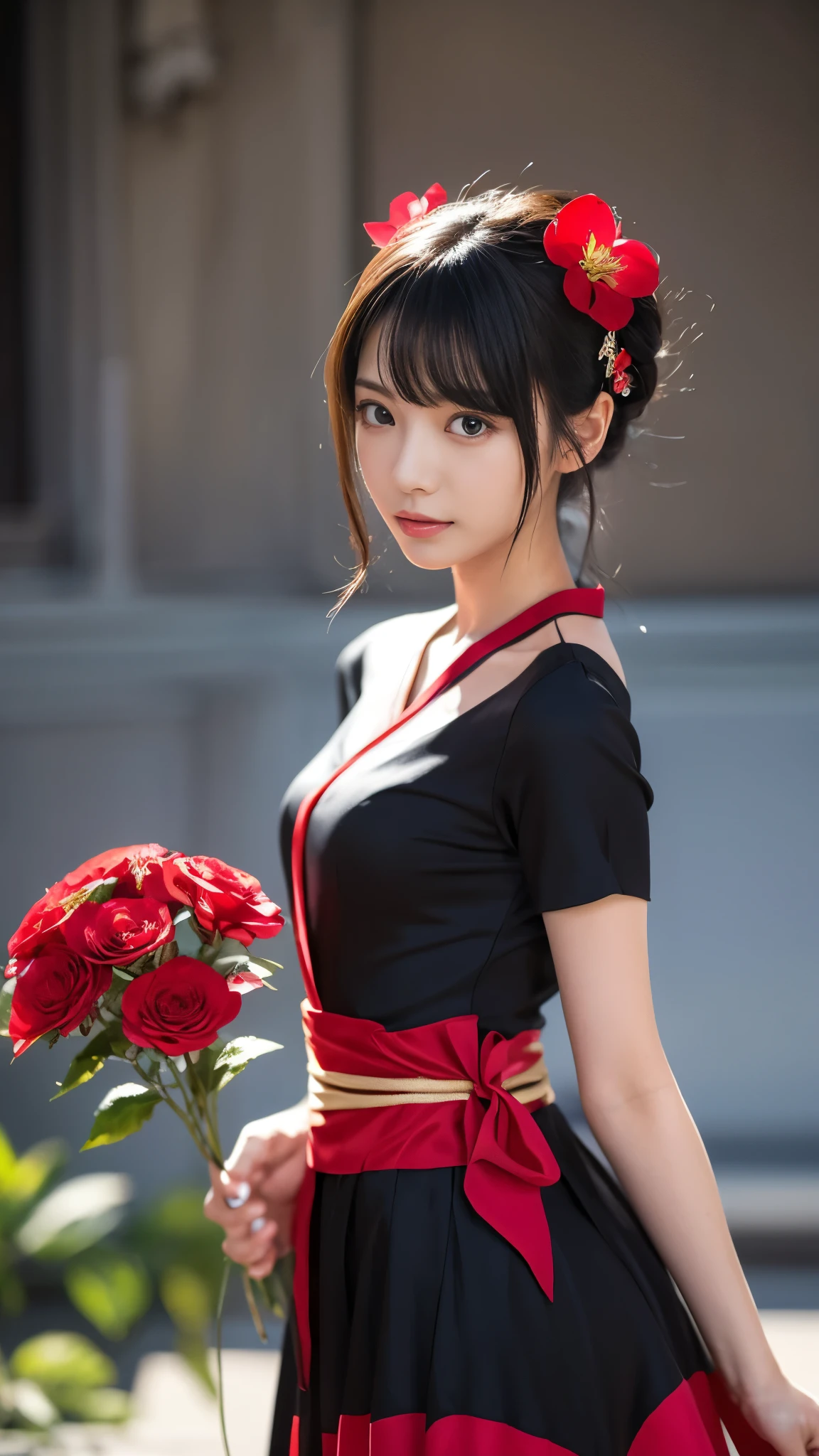 Anime girl in a red and black dress with a red flower in her hair, artwork in the style of Gweitz, Gweitz, Chinese Girl, Trending on cgstation, Cute anime waifu in a nice dress, Gweitz on pixiv artstation, palace ， Girl in Hanfu, Beautiful digital art, Gweitz on artstation pixiv
