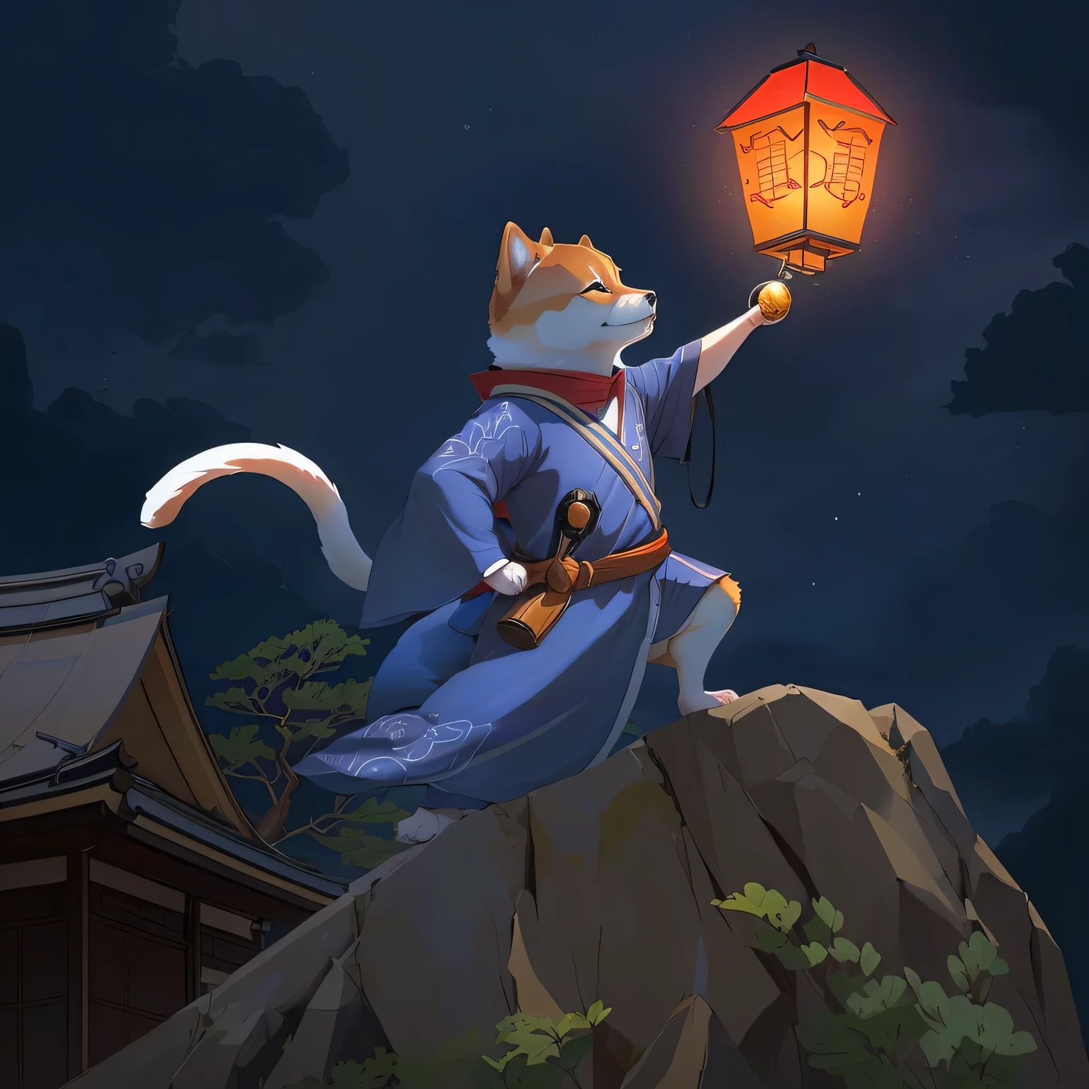 There is a Shiba Inu holding a lantern, Shiba Inu holding a lantern, Tabaxi monk, Moogle from The Legend of Korra, Inspired by Hiroyuki Isoda, Anthropomorphic Shiba Inu, Japanese cartoon style, Japanese animation style, Inspired by Zhou Wentianchong, Inspired by José