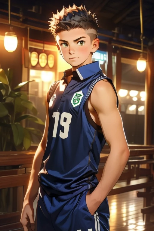 soccer uniform, 18 years old, sleeveless, Starbucks, evening, Short spiked hair, crew cut hair, Cute, Young, Asian, Japanese role-playing game style, 