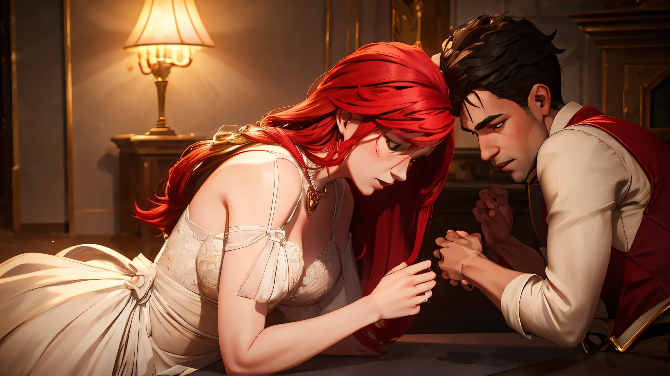 A boy on his knees proposing to a girl with longhair. red hair, the boy has a wedding ring in his hands, romantic scene, detailed facial features, beautiful couple, warm lighting, soft focus, high quality, photorealistic, digital art, a masterpiece. 4k. Realistic. High quality faces