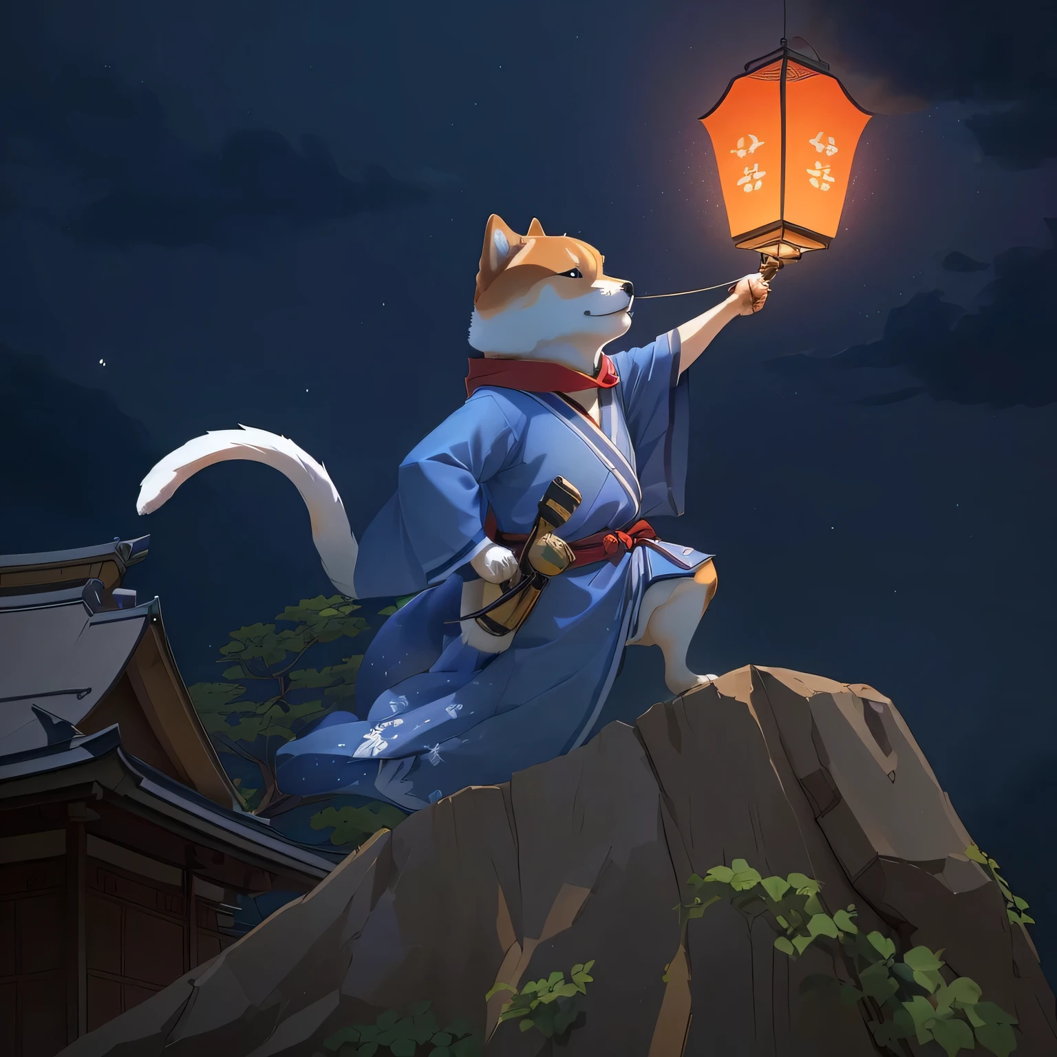 There is a Shiba Inu holding a lantern, Shiba Inu holding a lantern, Tabaxi monk, Moogle from The Legend of Korra, Inspired by Hiroyuki Isoda, Anthropomorphic Shiba Inu, Japanese cartoon style, Japanese animation style, Inspired by Zhou Wentianchong, Inspired by José