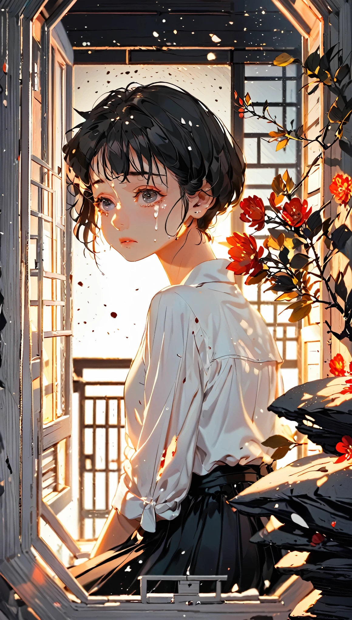 paper cutting style, 1 girl, black short hair, wearing white shirts and black skirt, Under
the girl sits on her bed, crying, The moonlight softly illuminates the room through the window. The girl’s face is full of sorrow and longing, with tear stains on her cheeks. The scene is peaceful but heavy with emotion.