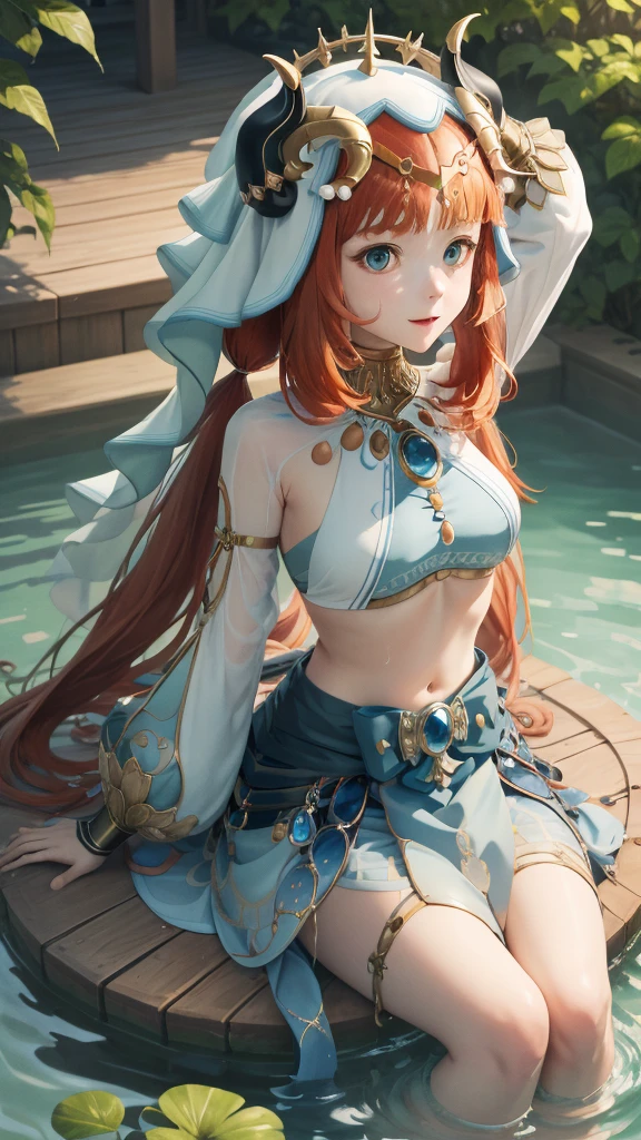 masterpiece, best quality, absurdres, nilou (neither flower nor mist) (genshin impact), aqua eyes, nilou (genshin impact), fake horns, 1 girl, solo, red hair, veil, smile, long hair, crop top, jewelry, horns, night, bracer, brooch, long sleeves, puffy long sleeves, looking at viewer, skirt, bangs, twintails, water, puffy sleeves, sky, neck ring, open mouth, :d, flower, harem outfit, gold trim, parted bangs, arm up, breasts, circlet, outdoors, blue skirt, hair ornament, detached sleeves, low twintails, floating hair, gem, hair flower, blue gemstone, masterpiece, highres, best quality, 1 girl solo, nilou, sitting, from above, looking at viewer, light smile, wading, wet hair, night, poolside