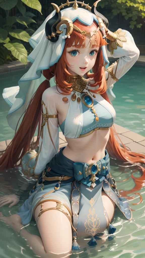 masterpiece, best quality, absurdres, nilou (neither flower nor mist) (genshin impact), aqua eyes, nilou (genshin impact), fake horns, 1 girl, solo, red hair, veil, smile, long hair, crop top, jewelry, horns, night, bracer, brooch, long sleeves, puffy long sleeves, looking at viewer, skirt, bangs, twintails, water, puffy sleeves, sky, neck ring, open mouth, :d, flower, harem outfit, gold trim, parted bangs, arm up, breasts, circlet, outdoors, blue skirt, hair ornament, detached sleeves, low twintails, floating hair, gem, hair flower, blue gemstone, masterpiece, highres, best quality, 1 girl solo, nilou, sitting, from above, looking at viewer, light smile, wading, wet hair, night, poolside