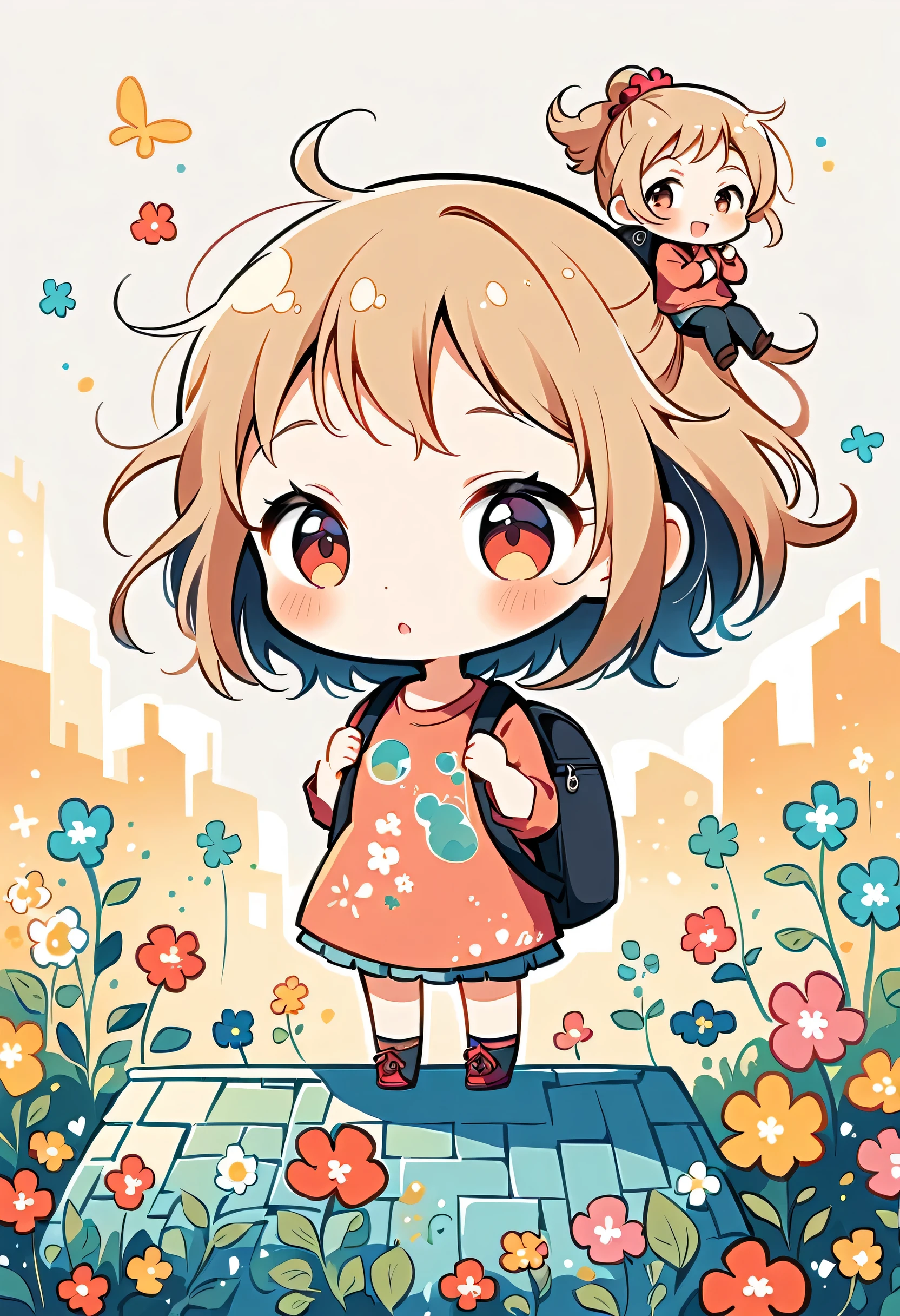 Momoko Sakura style, Standing on the roof,Girl with backpack on rooftop,My backpack is full of happy spring,Simple Line Initialism,Abstract art,Urban Background, (((The most beautiful girl))), (((chibi)))
