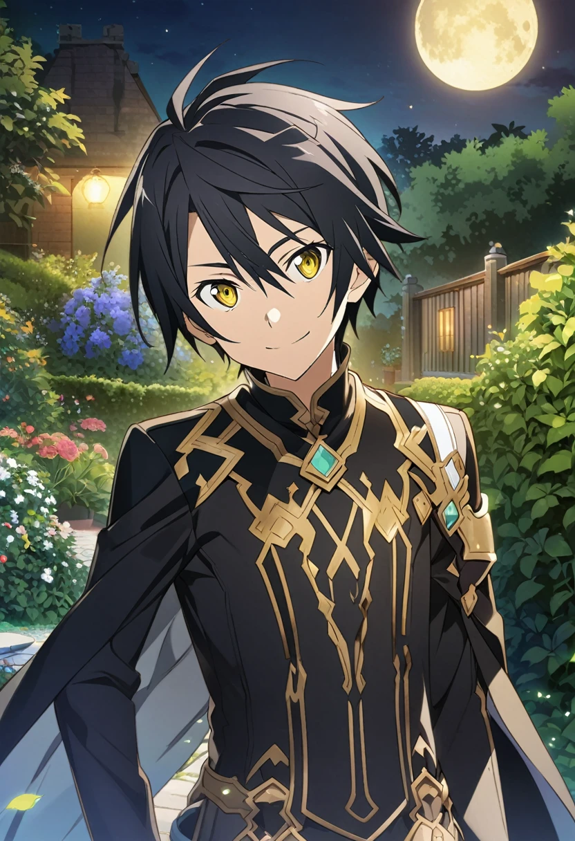 Hyakuya Yuuichiro \(Sword Art Online\), (short black hair), (Golden eyes):1.2, black noble costume, bangs, smiling mischievously, ((ultra-detailed)), ((illustration)), (neat hair)), (beautiful detailed eyes), (male), 1boy, standing, ((garden, night, moon)), looking at viewer