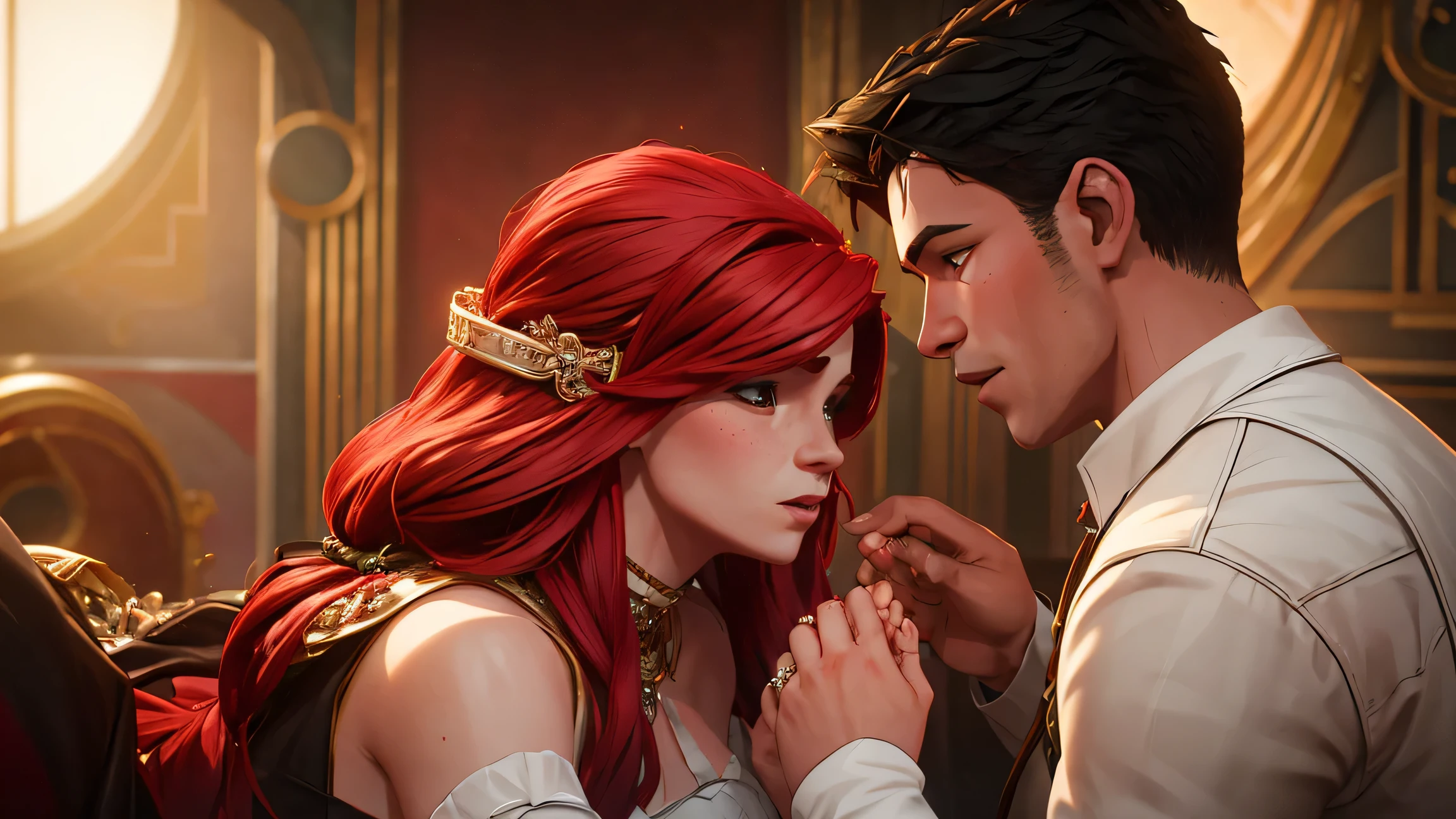 a boy on his knees proposing to a girl with longhair red hair, the boy has a wedding ring in his hands, romantic scene, detailed facial features, beautiful couple, warm lighting, soft focus, high quality, photorealistic, digital art, a masterpiece. 4k. Realistic