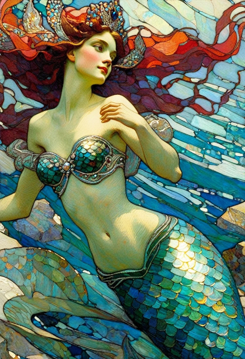 Mermaid Princess ((Mikhail Vrubel style)), ((rights detail)), magic naive art, primitivism, protogen, crimson
, ((best quality, Masterpiece)), ((Highest detail)), RAW:1,1, 8k