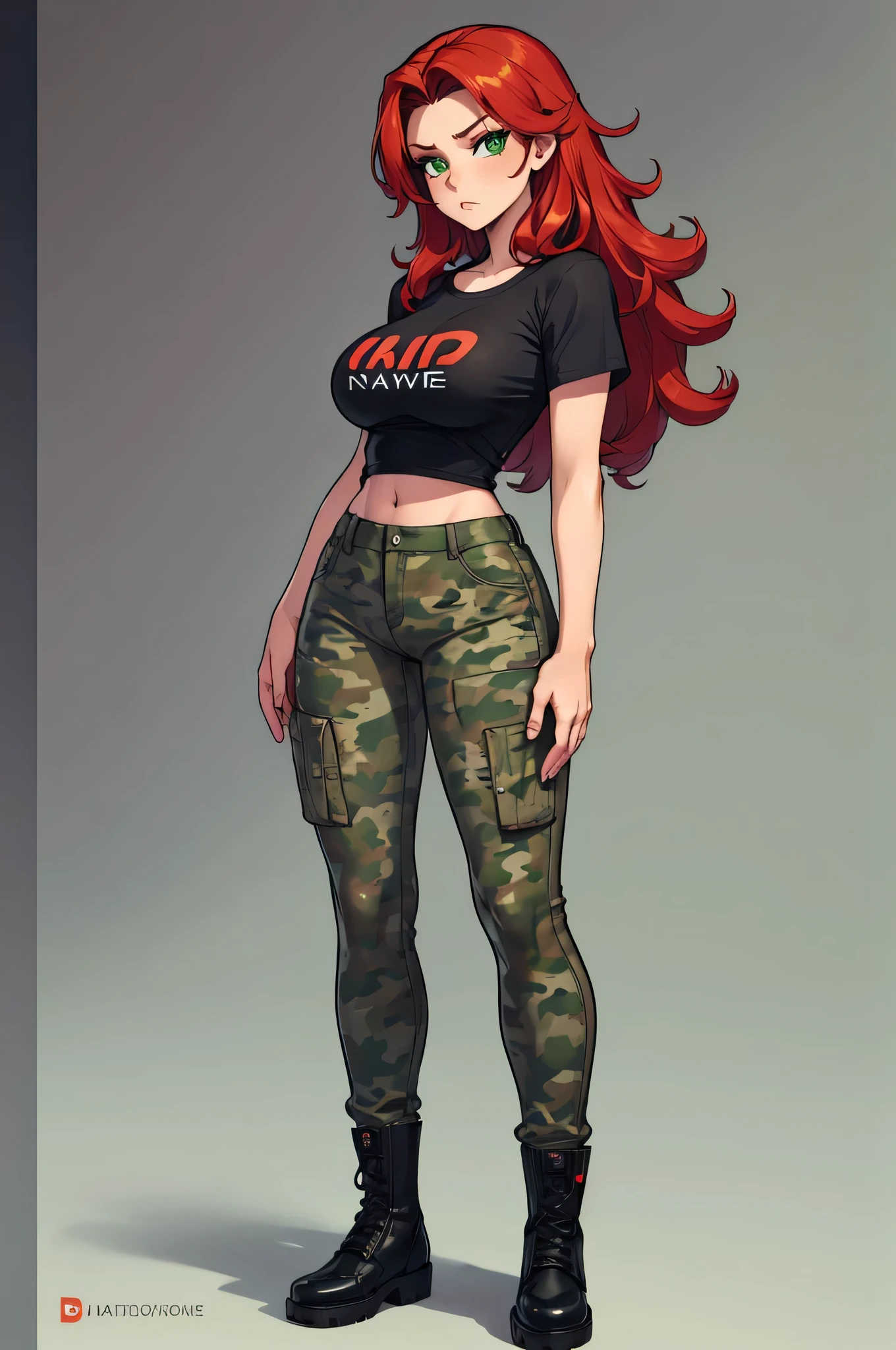 green solid background, 1 woman, best quality, ultra high res, long hair, red hair, green eyes, camo pants, no graphic white t-shirt, short sleeves, mad at viewers, double D breast, standing, full body