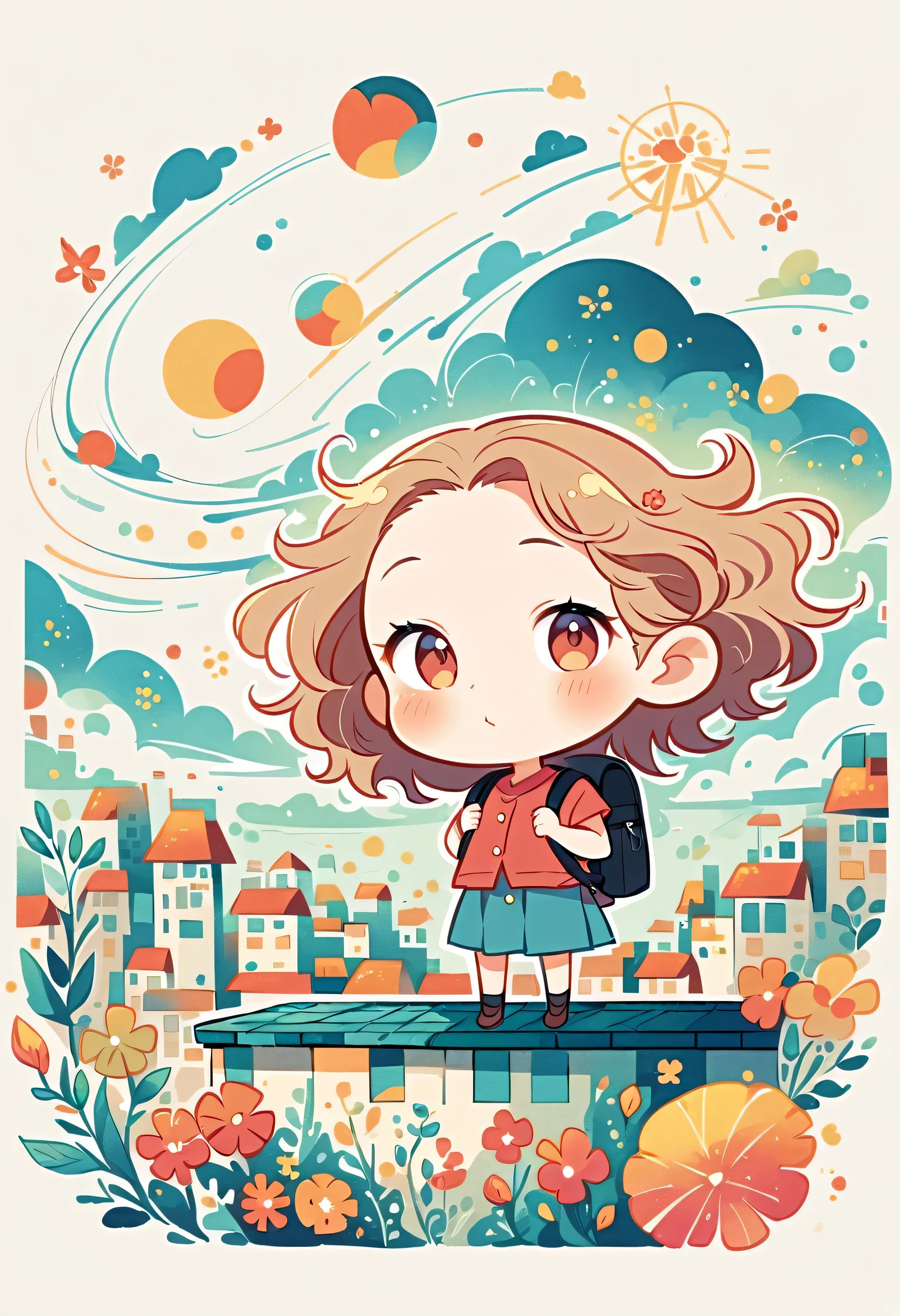 Momoko Sakura style, Standing on the roof,Girl with backpack on rooftop,My backpack is full of happy spring,Simple Line Initialism,Abstract art,Urban Background, (((The most beautiful girl))), (((chibi)))